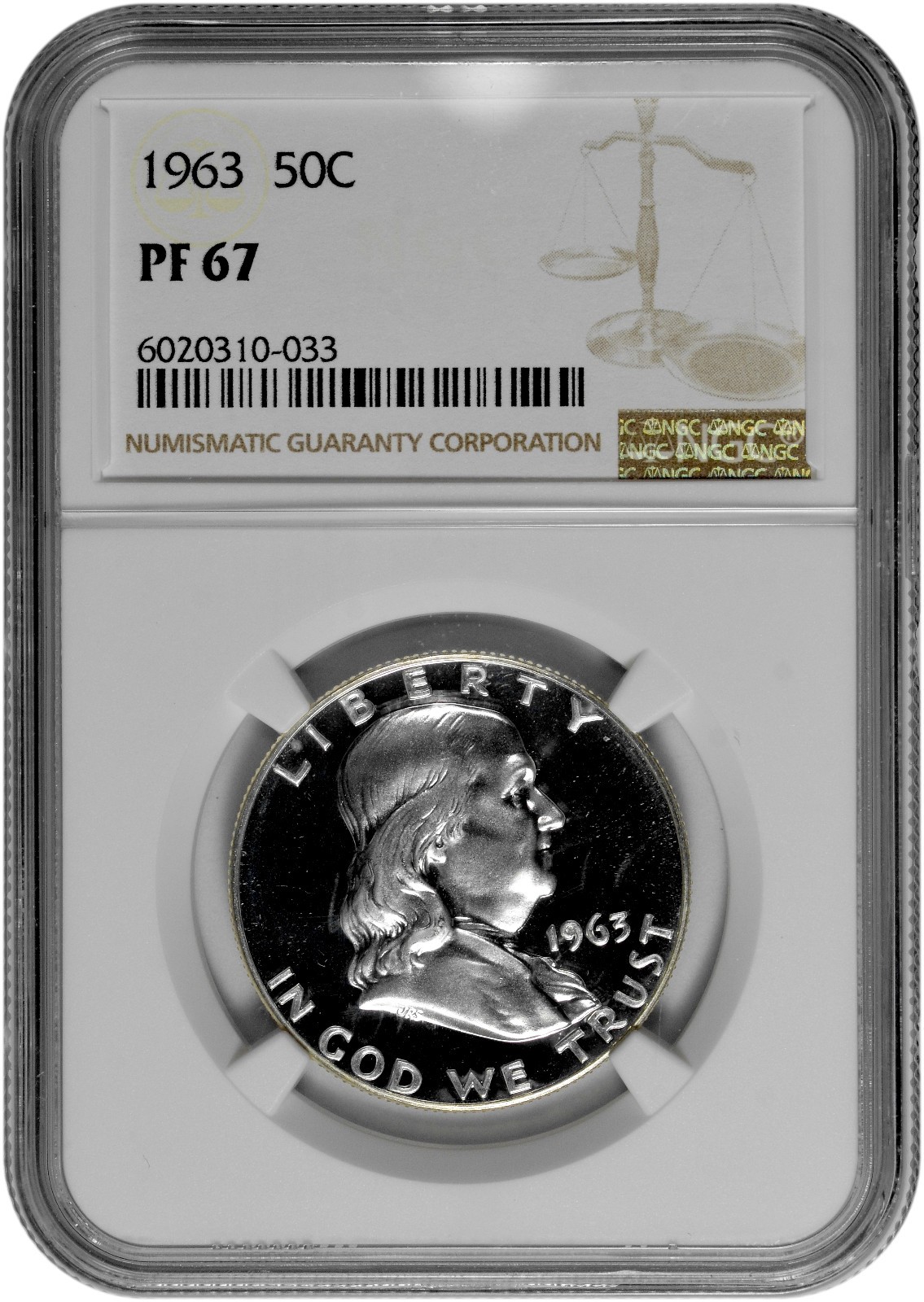 1963 50C Proof Silver Franklin Half Dollar NGC Graded PF 67 with Light Cameo