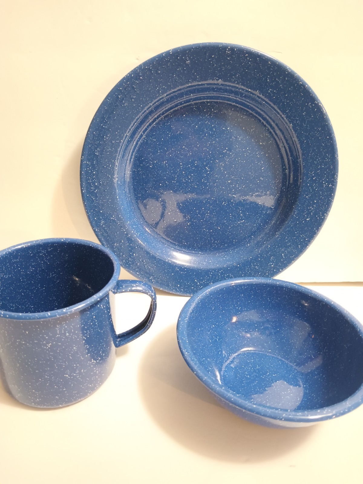 Blue Speckled Enamelware Plate 10" Bowl 6" Mug . Set . New