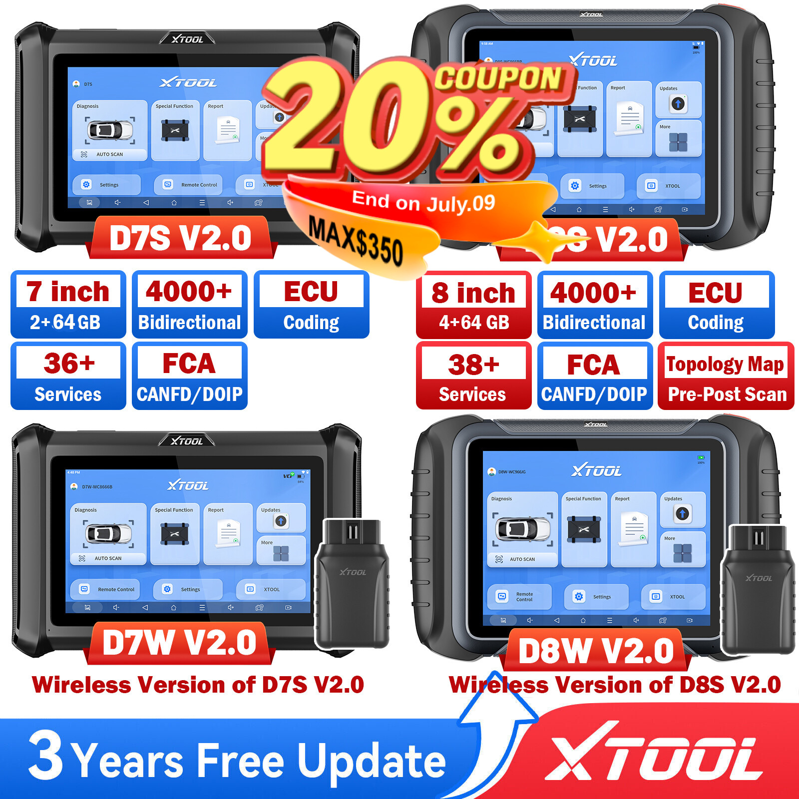 XTOOL Bidirectional Scan Tool D7S D7W D8S D8W E.CU Coding Full System 2026 V2.0