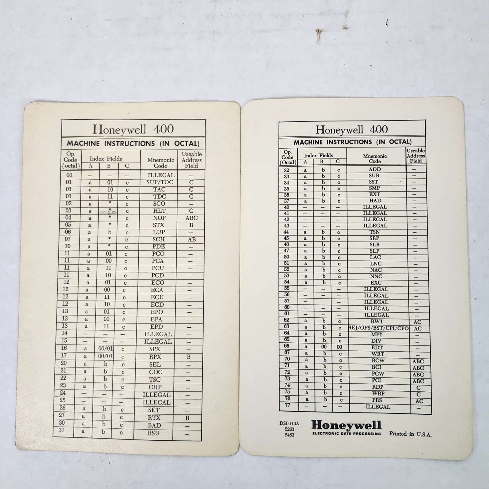 Honeywell 400 Machine Instructions Octal Base Eight Notation 48 Bit Cheat Sheet