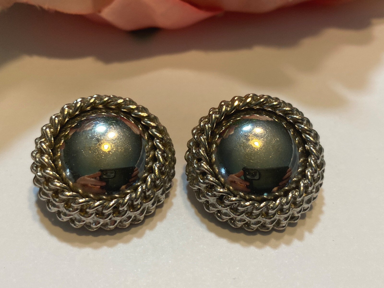 Vintage Silvertone Textured & Smooth Domed Clip On Earrings