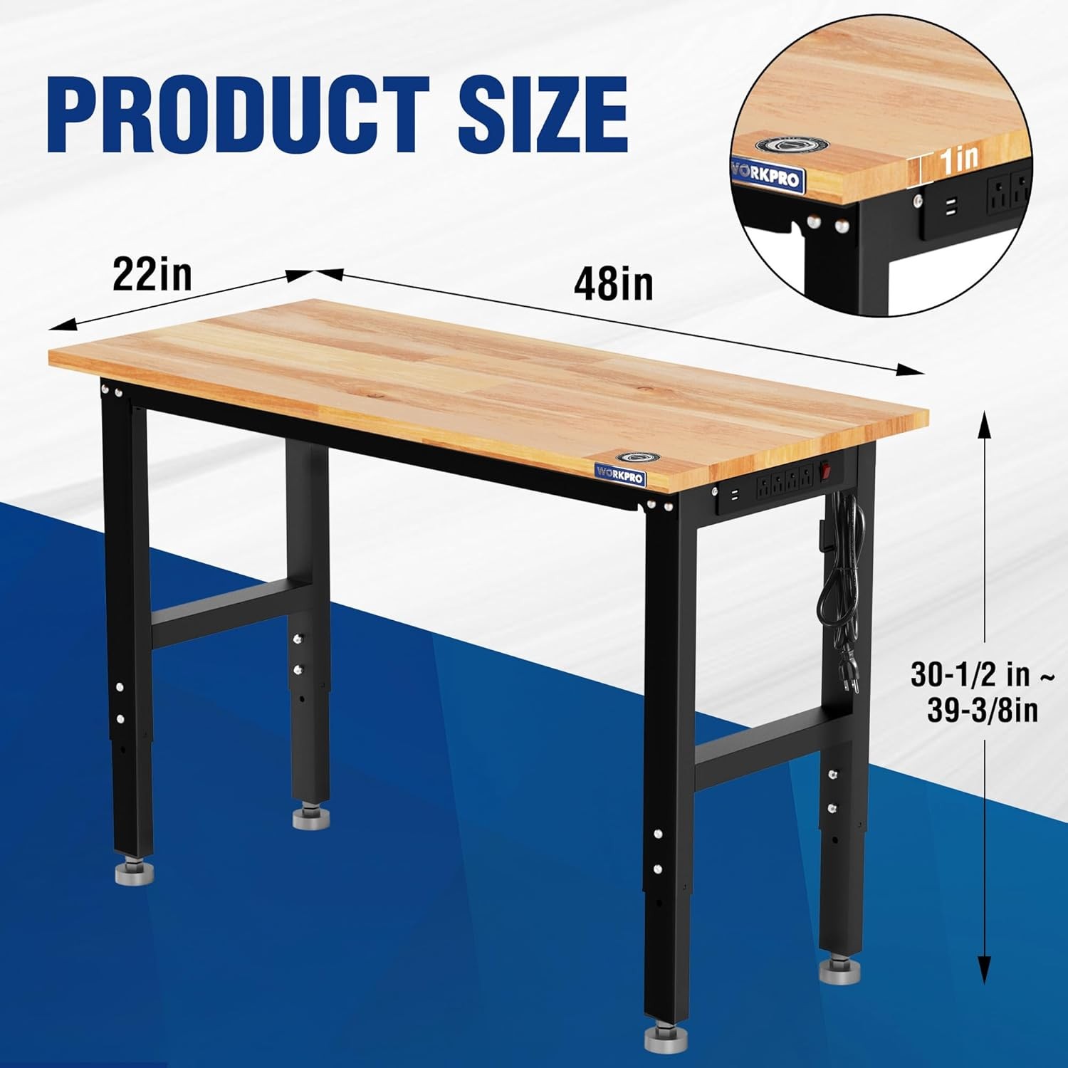 WORKPRO 48" Adjustable Workbench, Rubber Wood Top Heavy-Duty Workstation