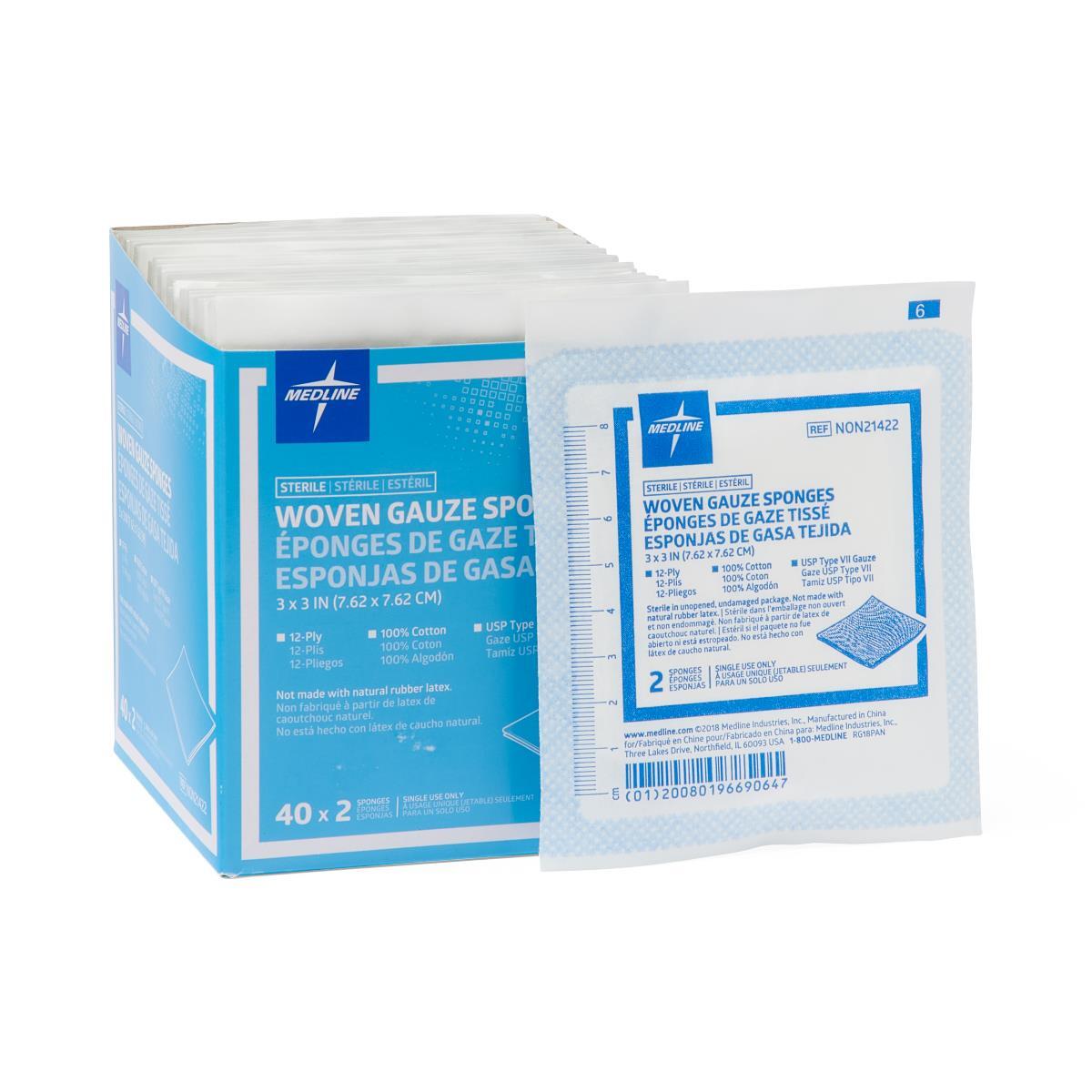 Sterile 100% Cotton Woven Gauze Sponges 3" x 3", 12 Ply, Box