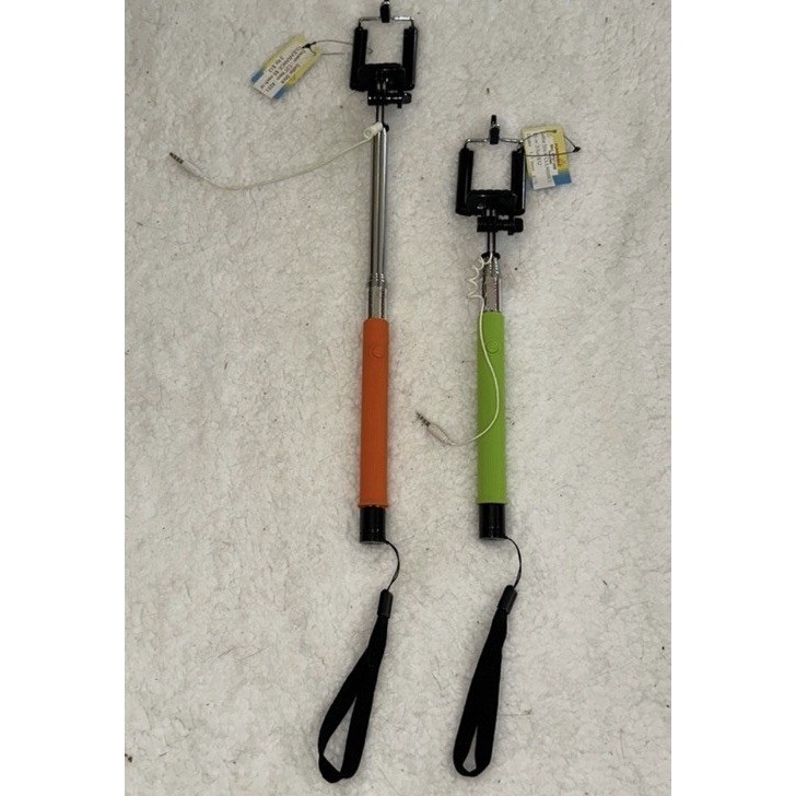 Funsparks Selfie Stick Set 2 Pk Orange Green Wired 3.5mm Jack Extendable Monopod