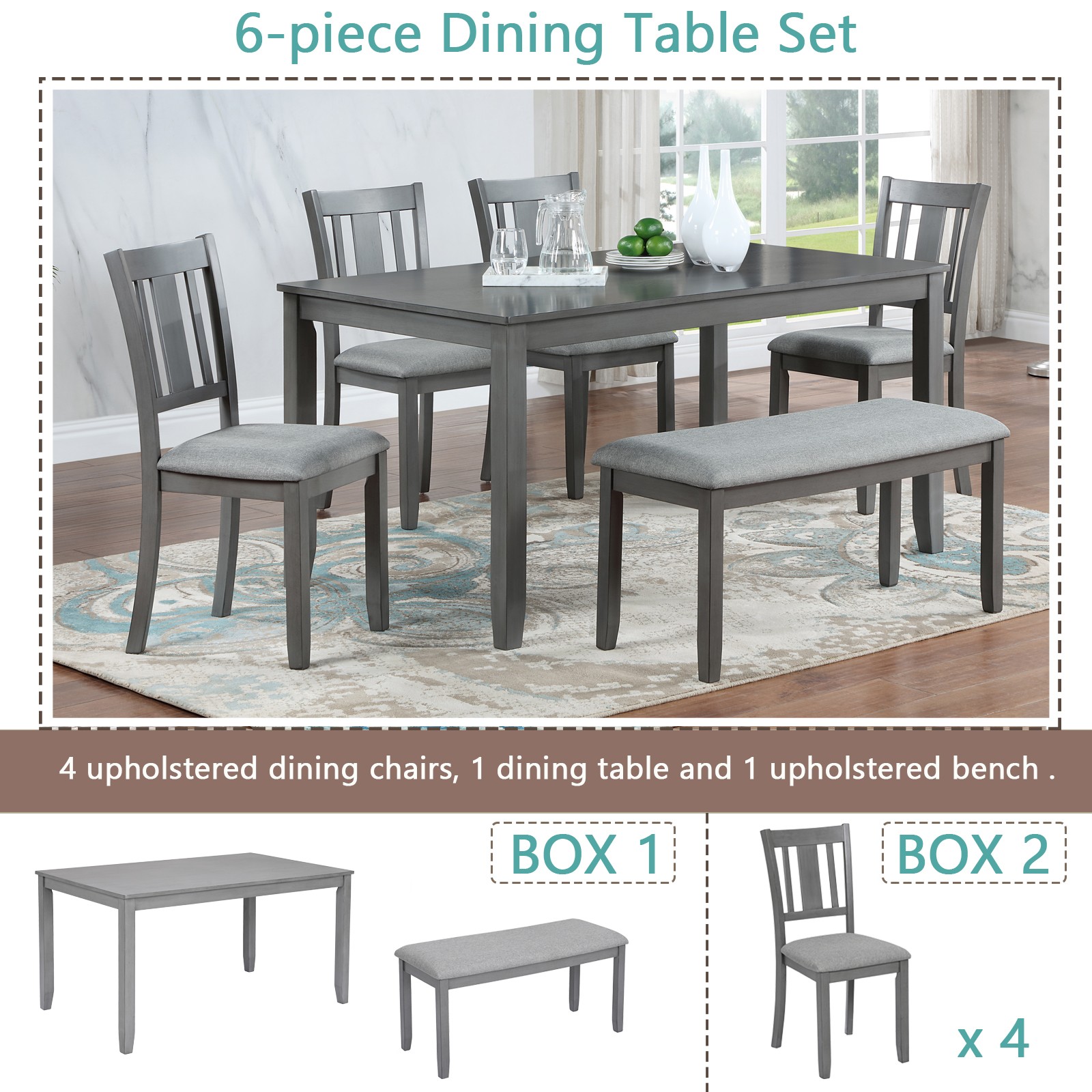 A rectangular dining table, equipped with 4 upholstered chairs and a long bench