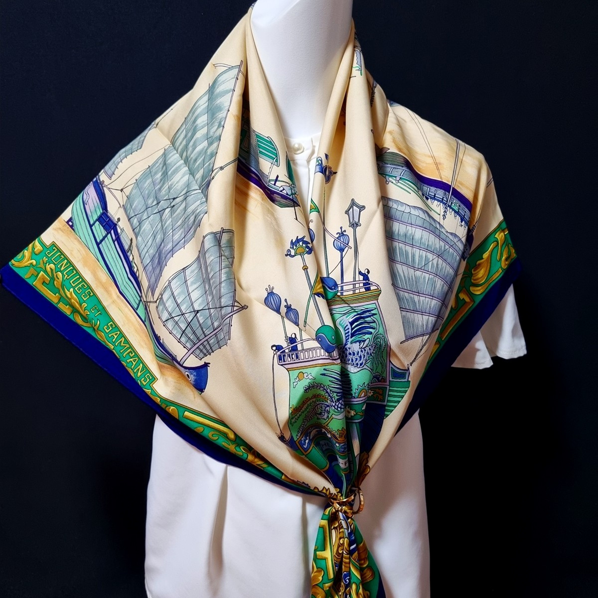RARE VINTAGE HERMES Silk Scarf "Junques et Sampans" Carre 90