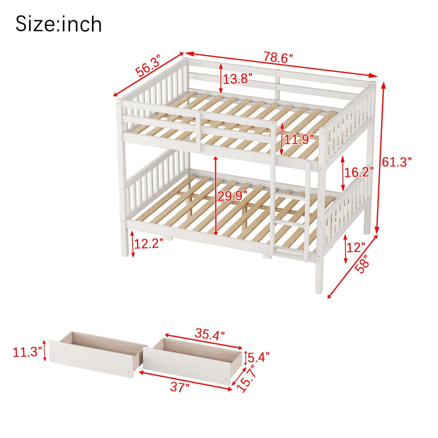 Full Over Full Wood Bunk Bed Convertible Full Size Bed Frame w/ 2 Drawers