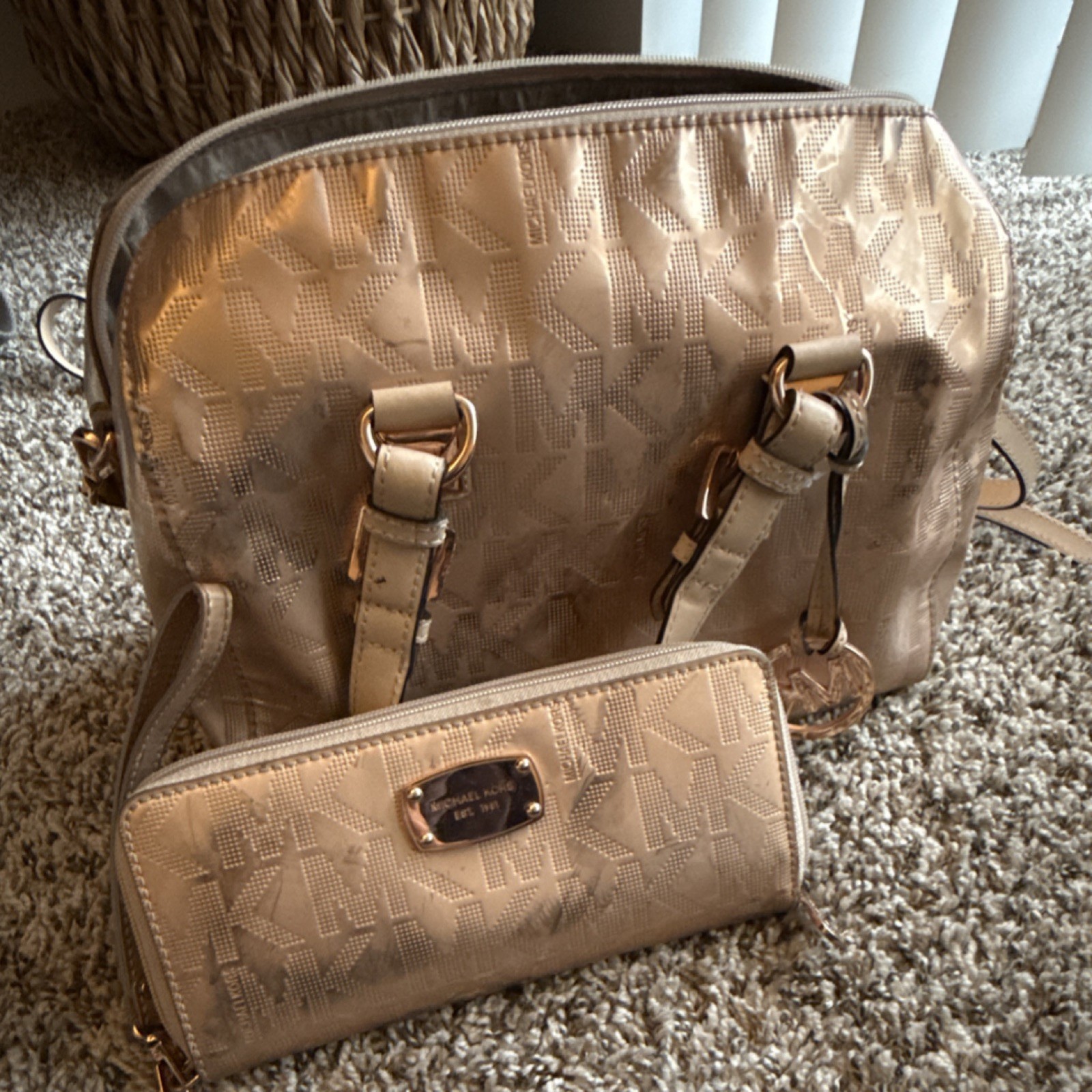 Michael Kors Rose Gold Metallic Logo Print 2-Piece Purse and Wallet Set