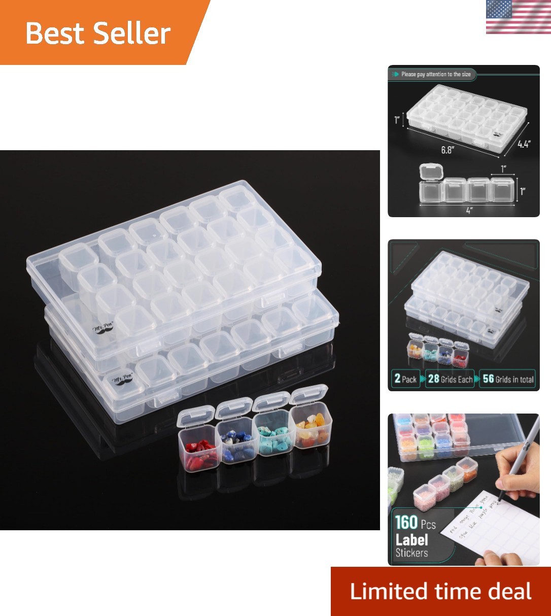 Elegant 28-Compartment Bead Storage Containers, 2 Pack with 160 Label Stickers