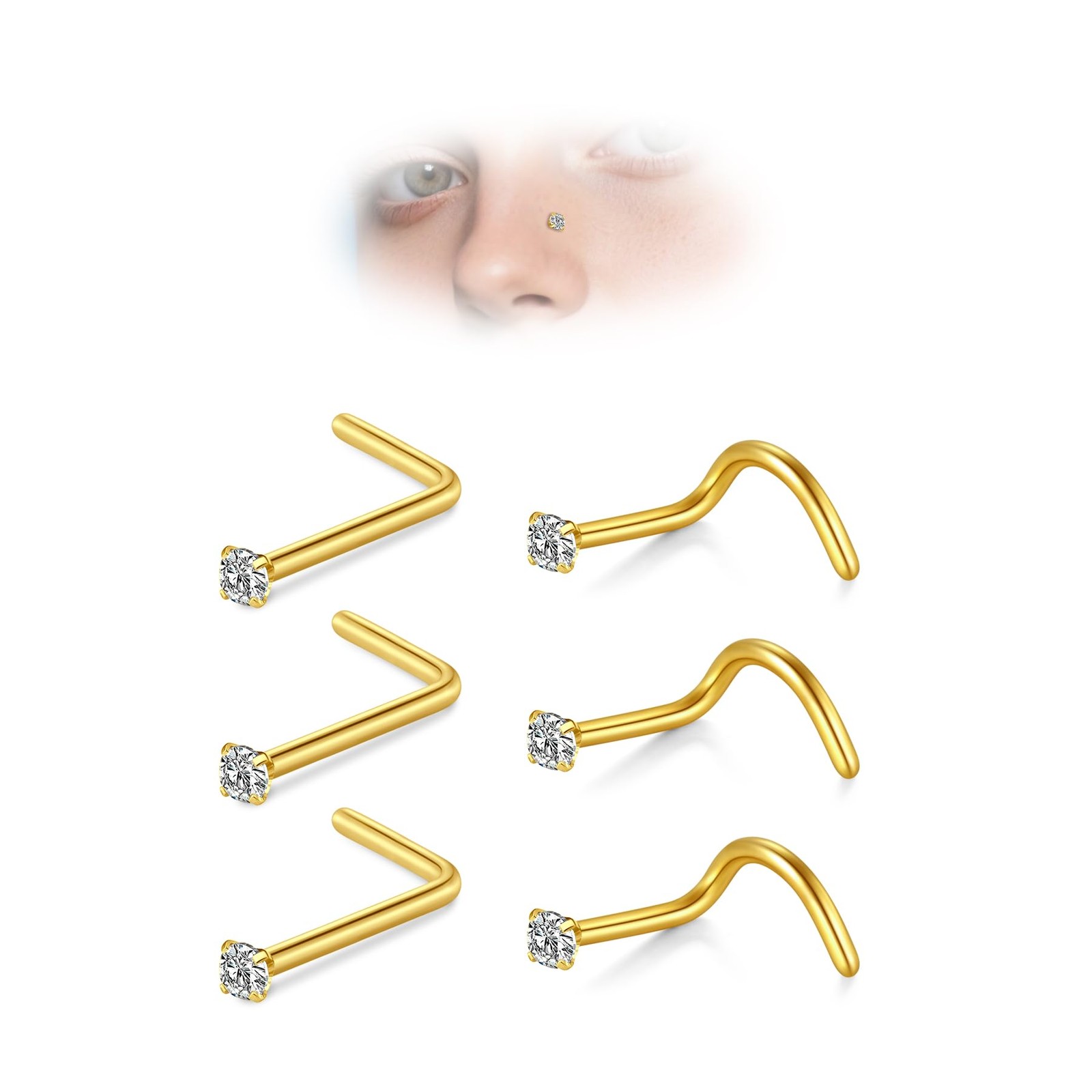 D.Bella Nose Rings 6Pcs 20G Screw Studs Corkscrew & L 0.8mm x 7mm, Gold