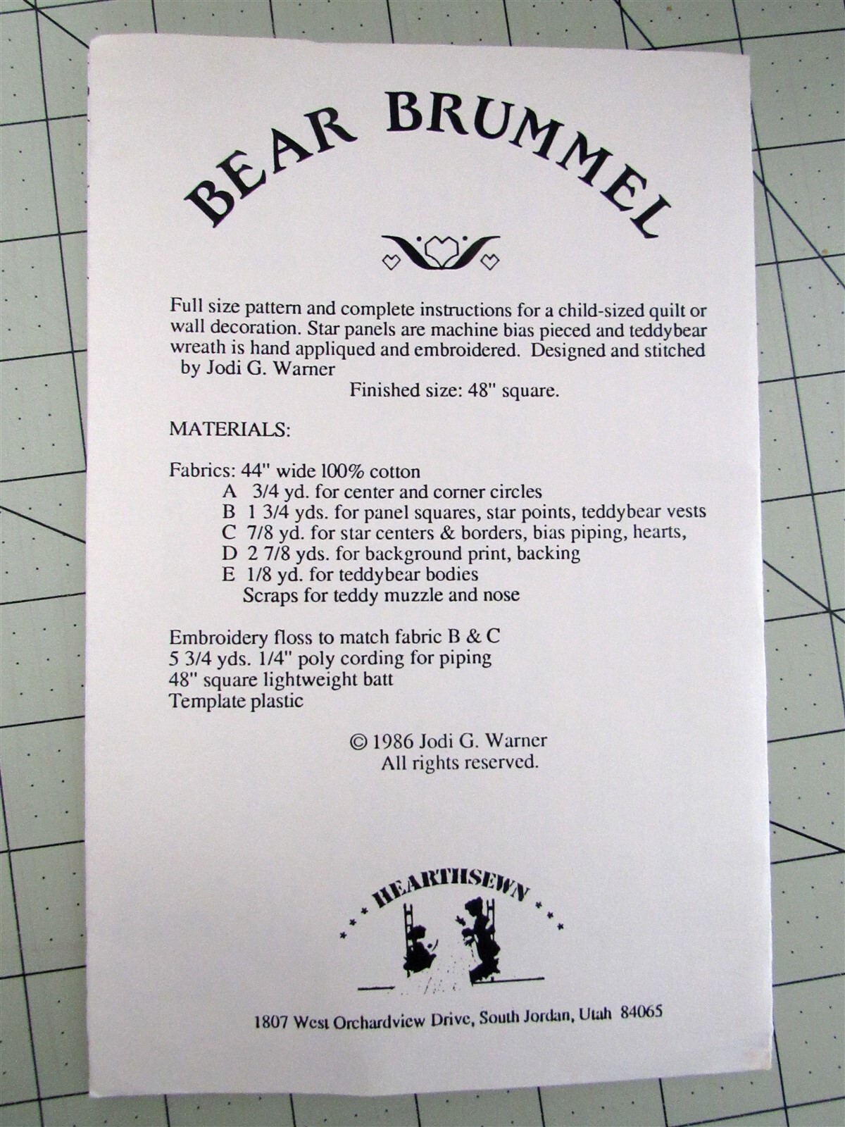 "Bear Brummel" by Hearthsewn" Quilt Pattern 48" x 48"