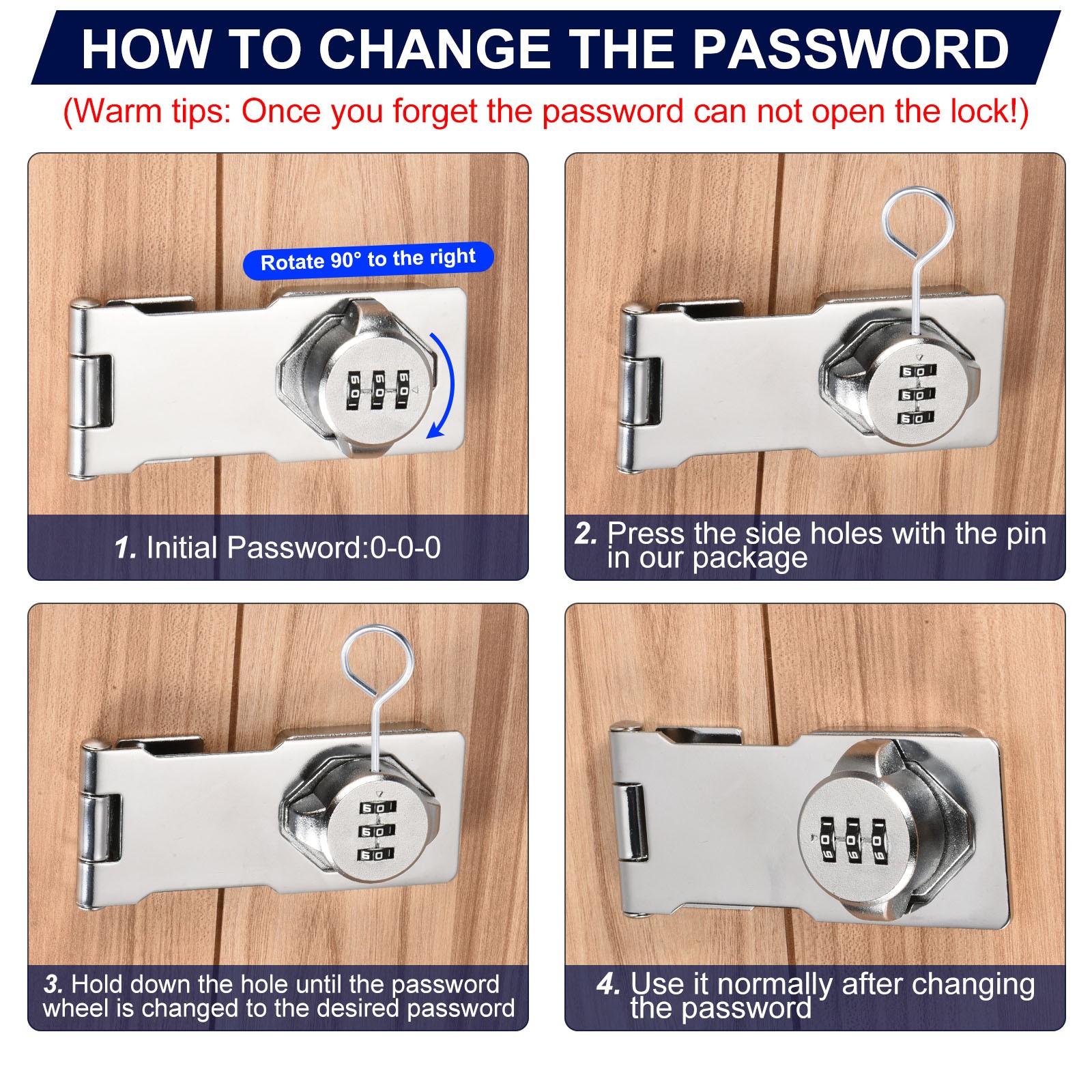 2Pcs Household Cabinet Password Lock Hasp Latch with 3-Digit Password Silver