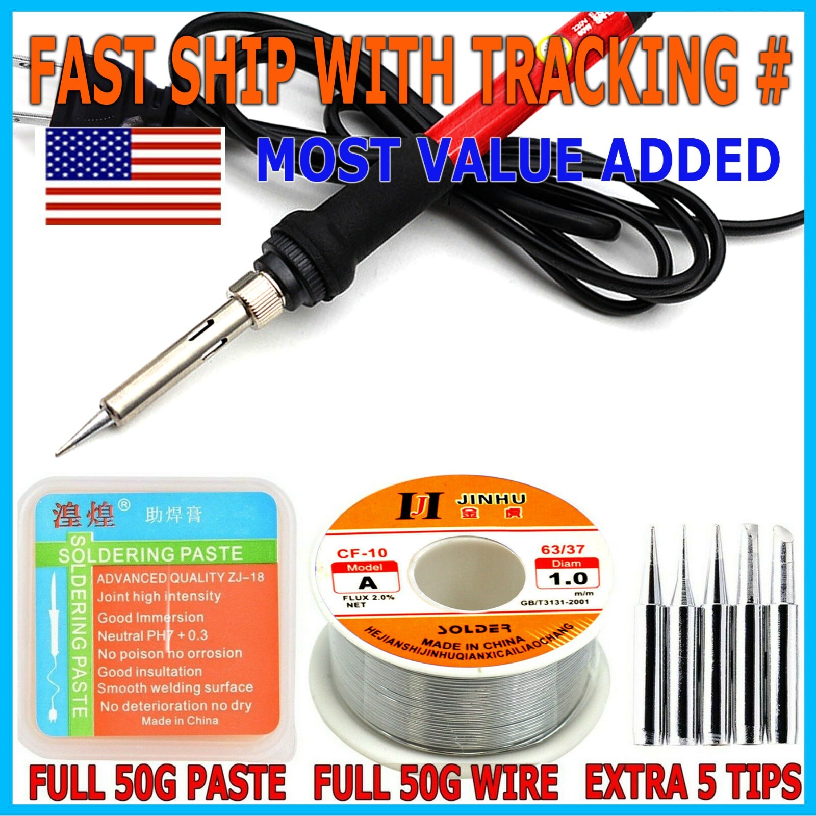 60W Soldering Iron Electric Welding Tools With  Solder Wire 1.0mm 5 Tips Hand