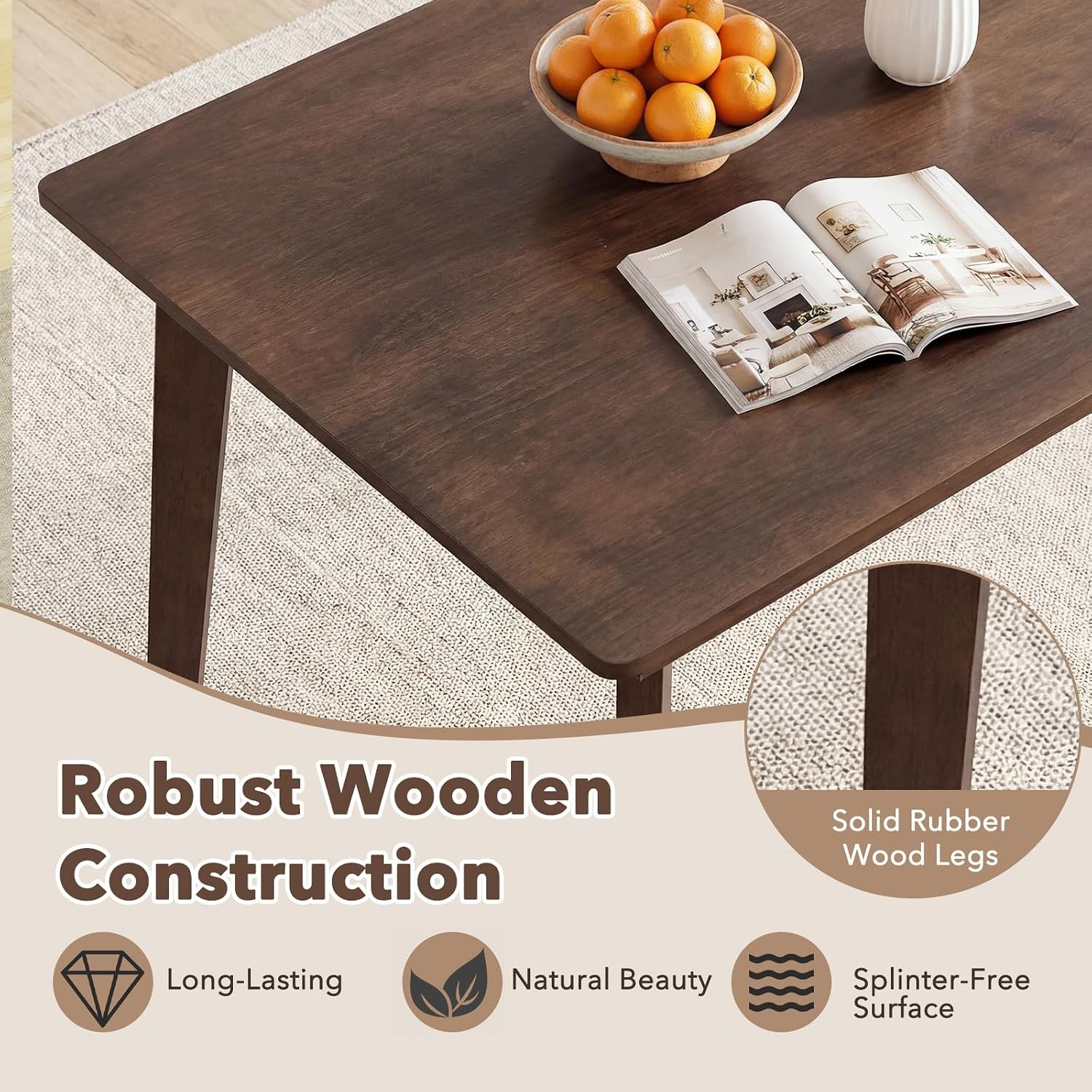 Dining Table for 4, 48" Rectangular Wooden Kitchen Table with Solid Rubber Wood