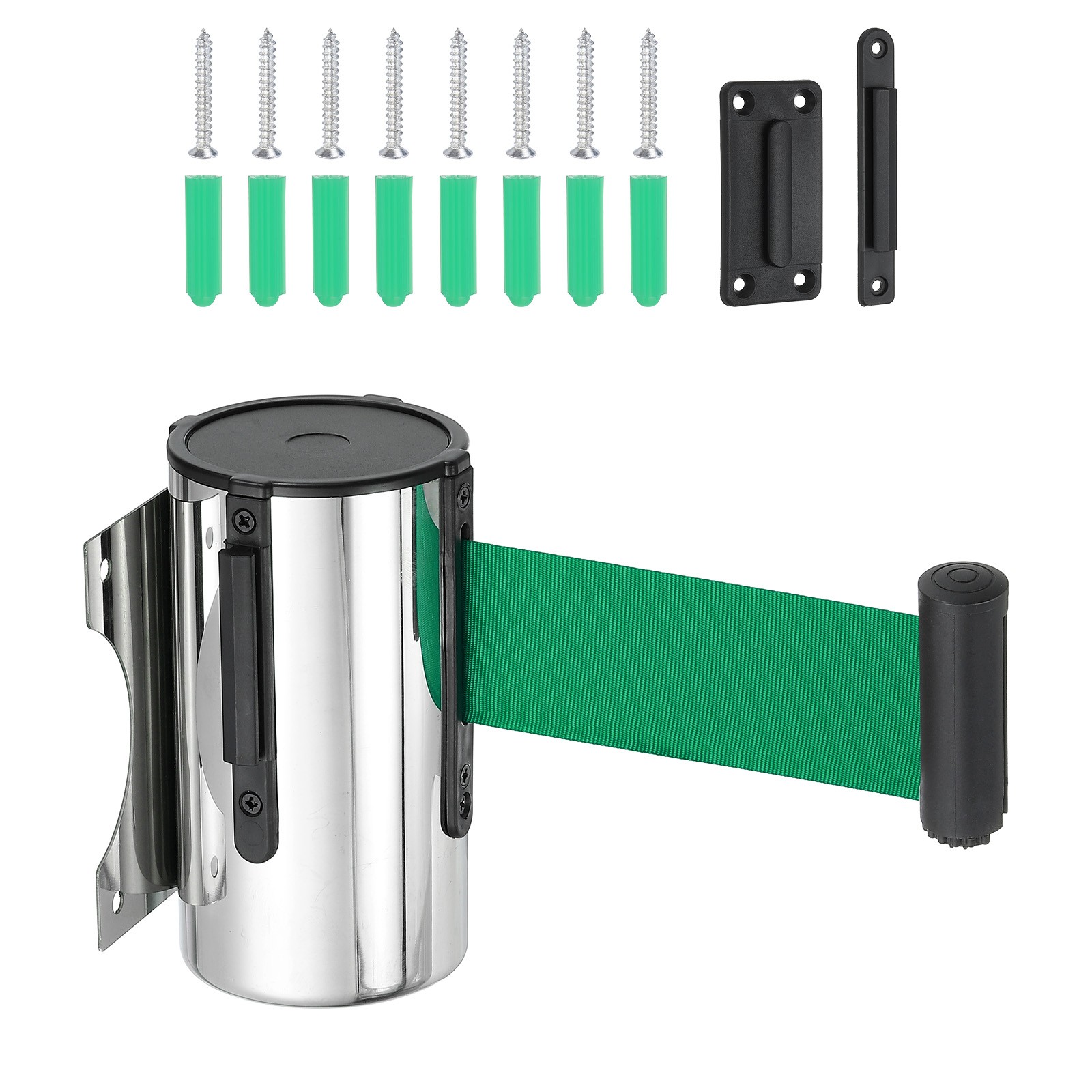16.4 Feet Fixed Wall Mount Retractable Belt Barrier,Silver Tone/Green