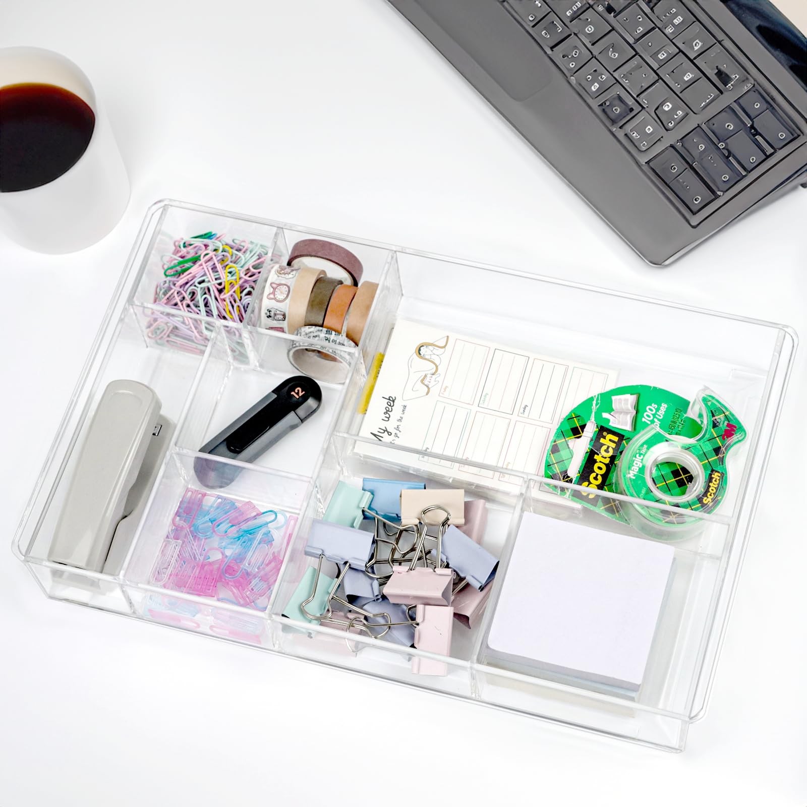 8-Section Clear Drawer Organizer, Large Acrylic Drawer Divider Tray for Desk,...