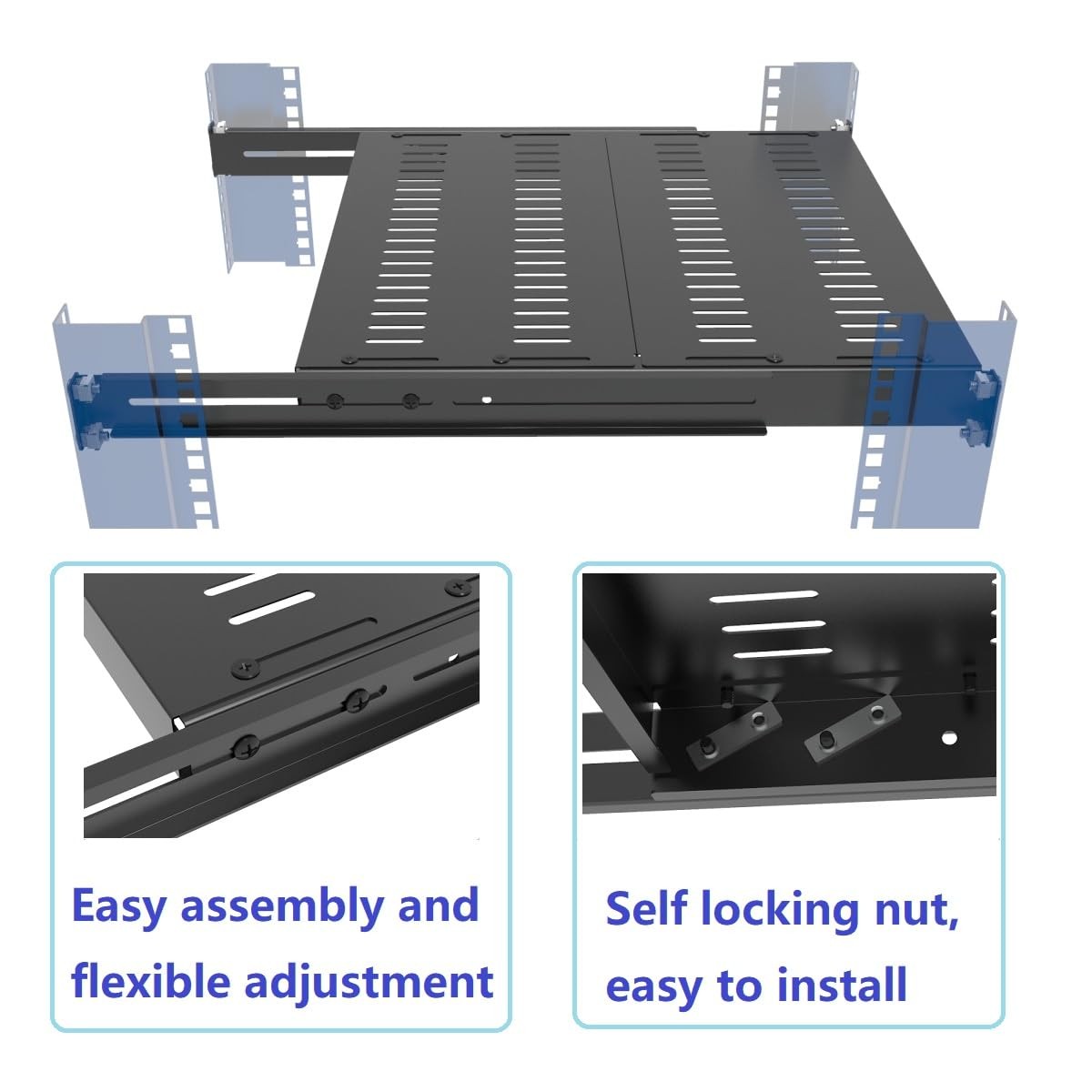 1U Vented 4-Post Adjustable Server Shelf- Universal Tray 16.5-29" Adjustable