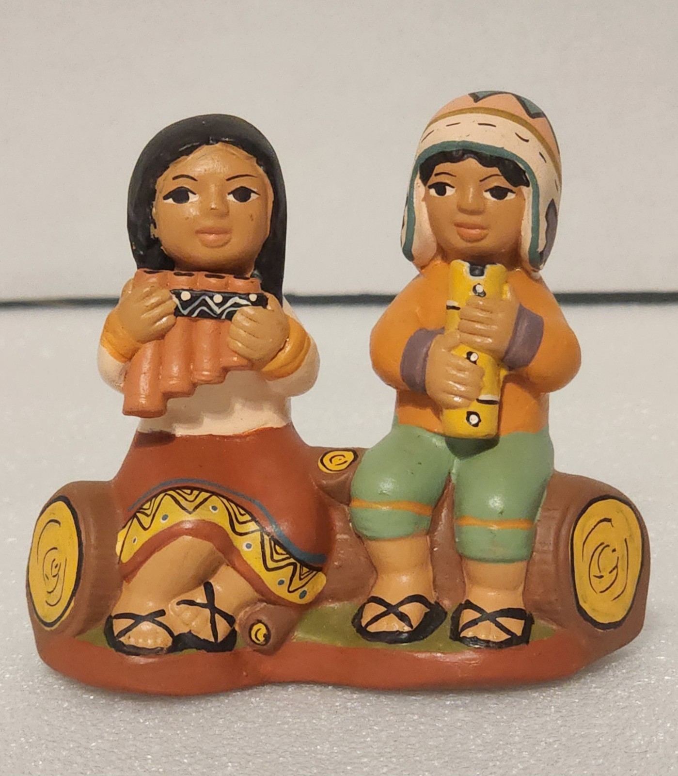 Peruvian Clay Figurine Boy and Girl Musicians Hand Painted San Miguel Lima Peru
