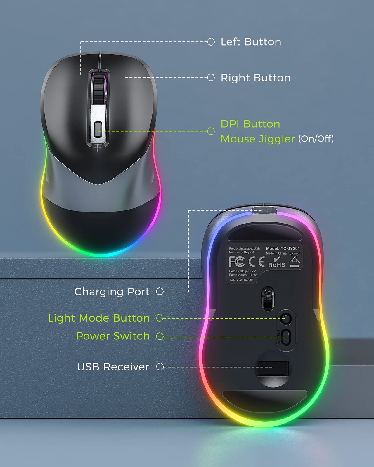 PEIOUS Wireless Mouse, Jiggler Mouse for Laptop - LED Mouse Rechargeable Comp...