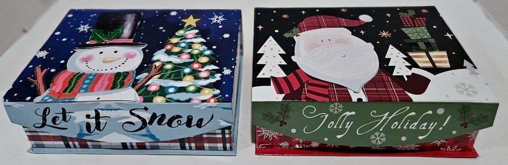2 Greenbrier Christmas Gift Boxes~ Santa, Snowman ~ 7.75" x 5.5" x 2.6" - NWT