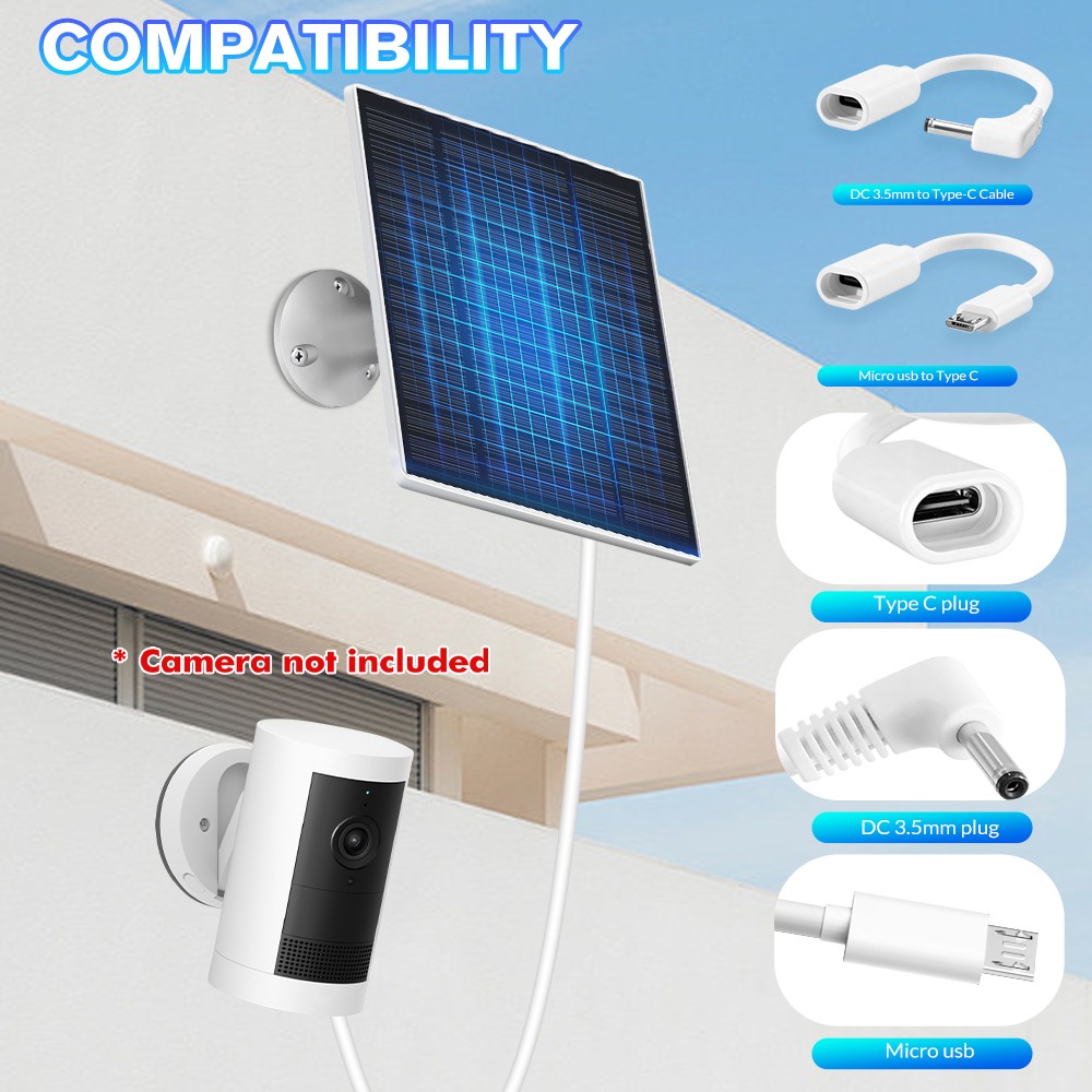 Solar Panel for Security Camera, 10W Solar Charger with Micro USB & Type-C Port