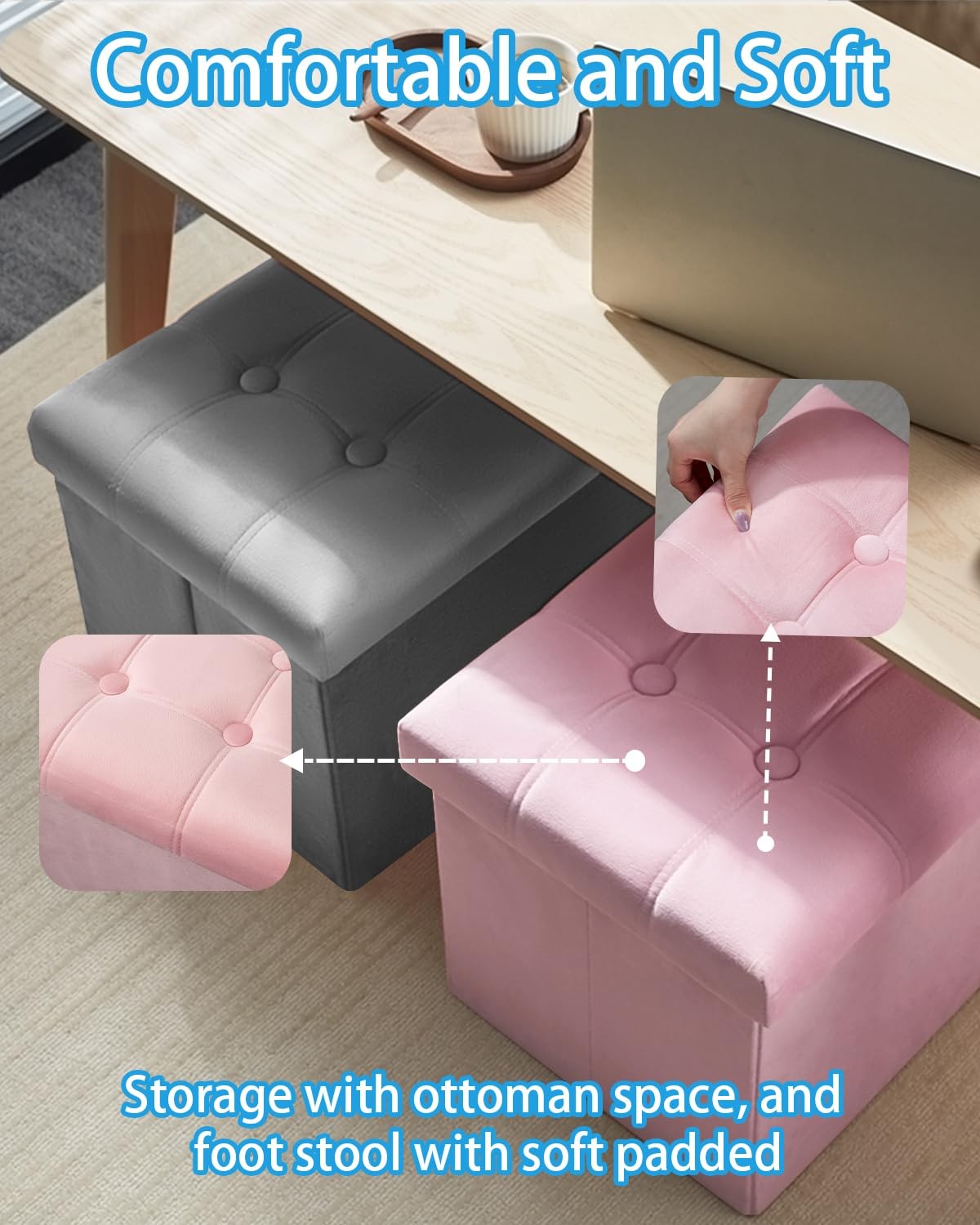 Storage Ottoman Foot Stool 17 Inch Folding Velvet Bench Side Pocket Pink New