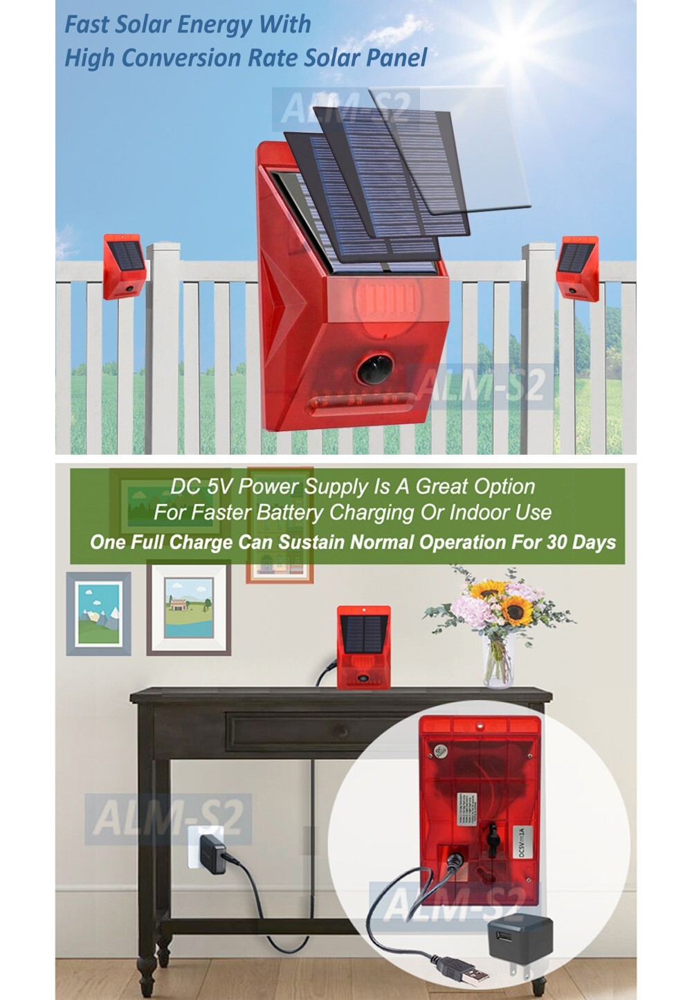 Motion Security Entrance Alarm Solar Panel DC 5V Power Red Strobe Light