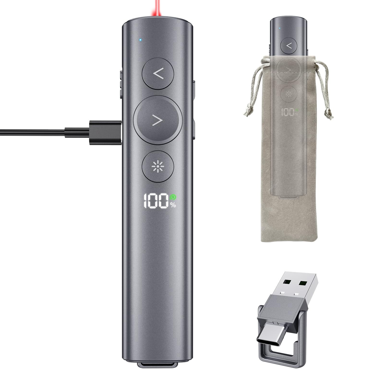 Wireless Presentation Clicker with Red Laser Pointer - USB-A & USB-C Remote for