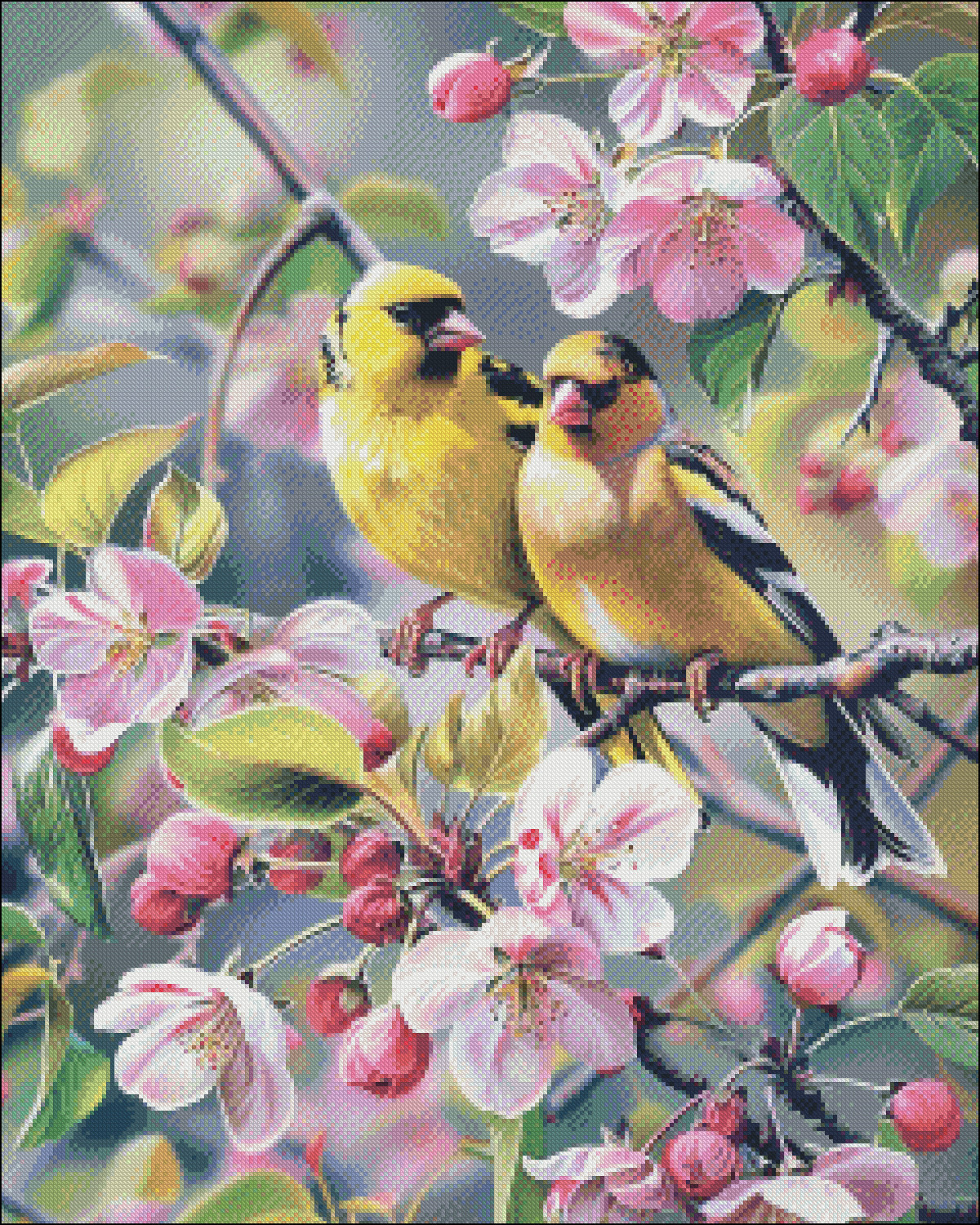 Goldfinches on Crabapple Blooms - Chart Counted Cross Stitch Patterns Needlework