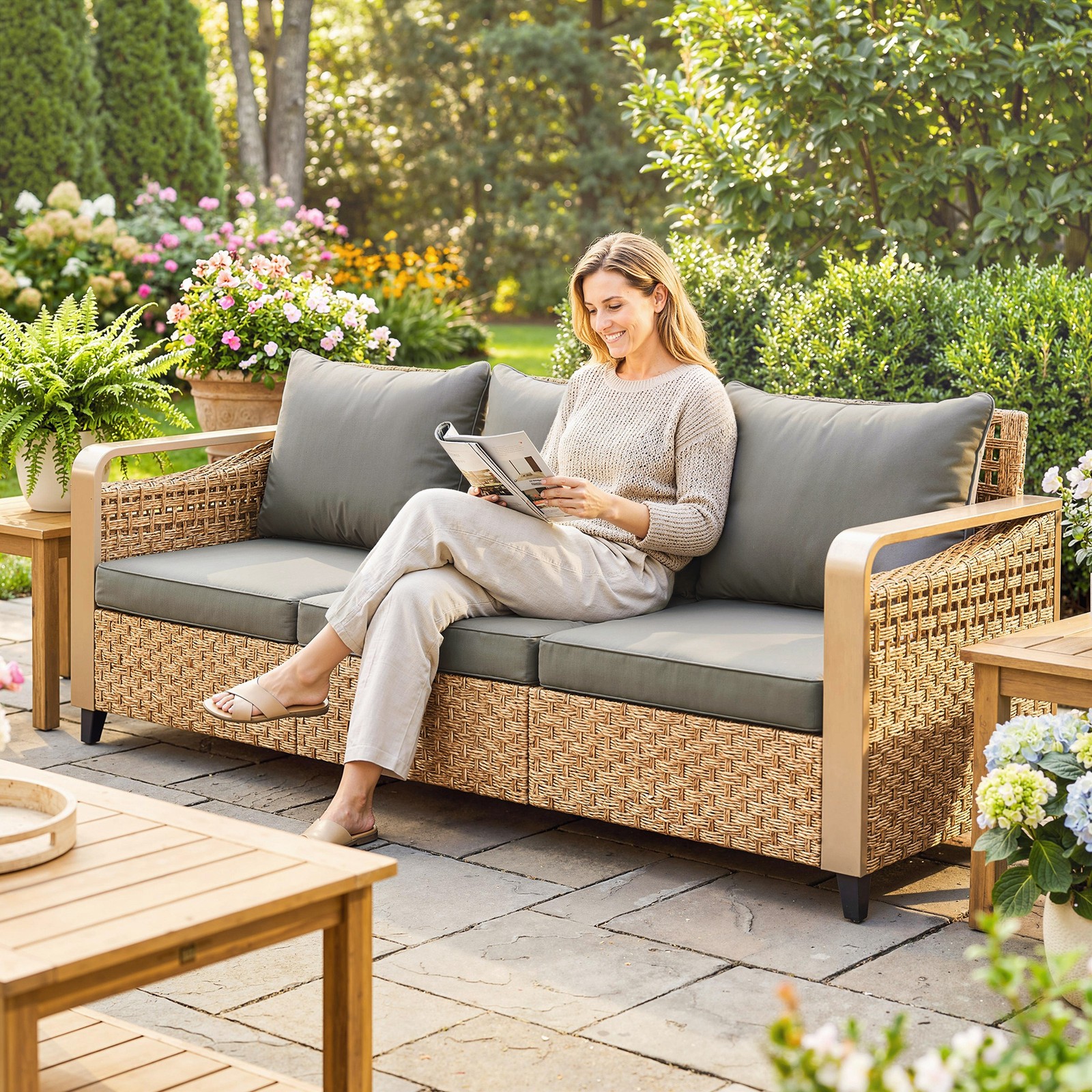 Outsunny Rattan Wicker Sofa with Cushions 3-Seater, Gray