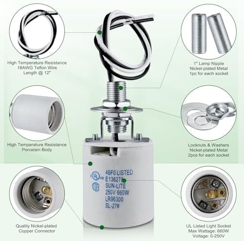 E26 Light Socket,Standard Medimun Screw Bulb Socket Lamp Holder,E26 Porcelain...