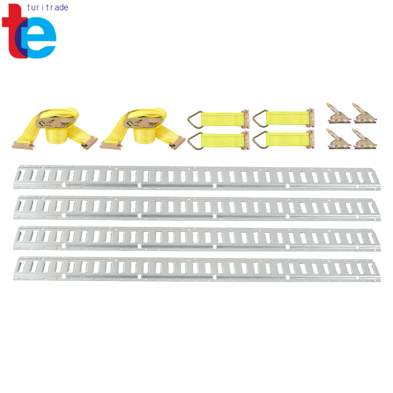 4×5' E Track Rails 2× Etrack Ratchet Straps 4× O Rings 4× Rope Tie Offs