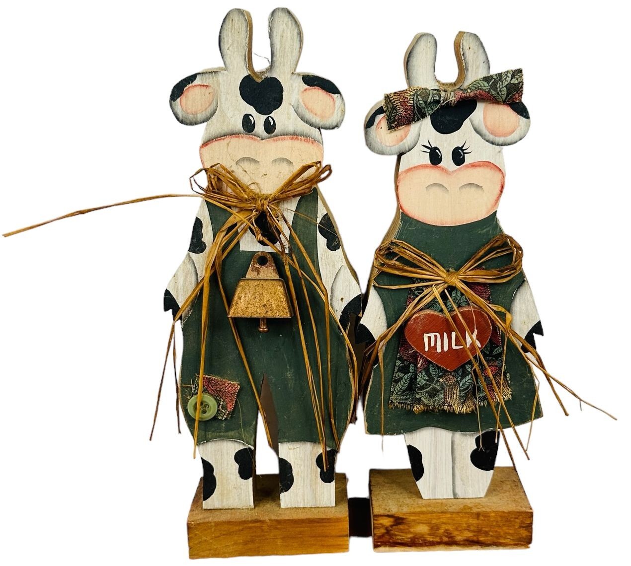 VINTAGE WOODEN COW COUPLE FIGURES HUSBAND WIFE MILK WORKING BELL FARM FARMERS