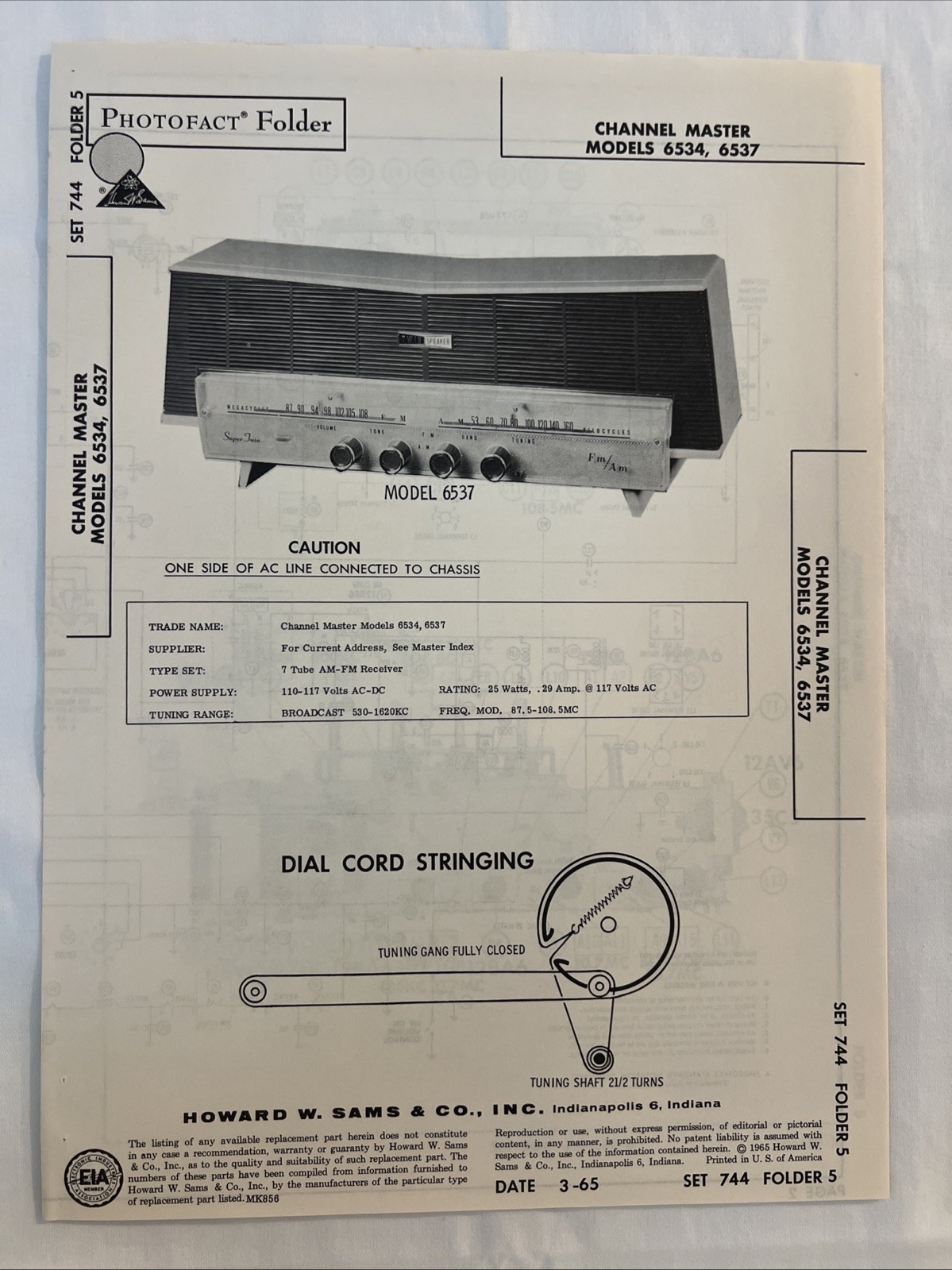 Vintage Sams Photofact Schematic 3-1965 CHANNEL MASTER MODELS 6534, 6537
