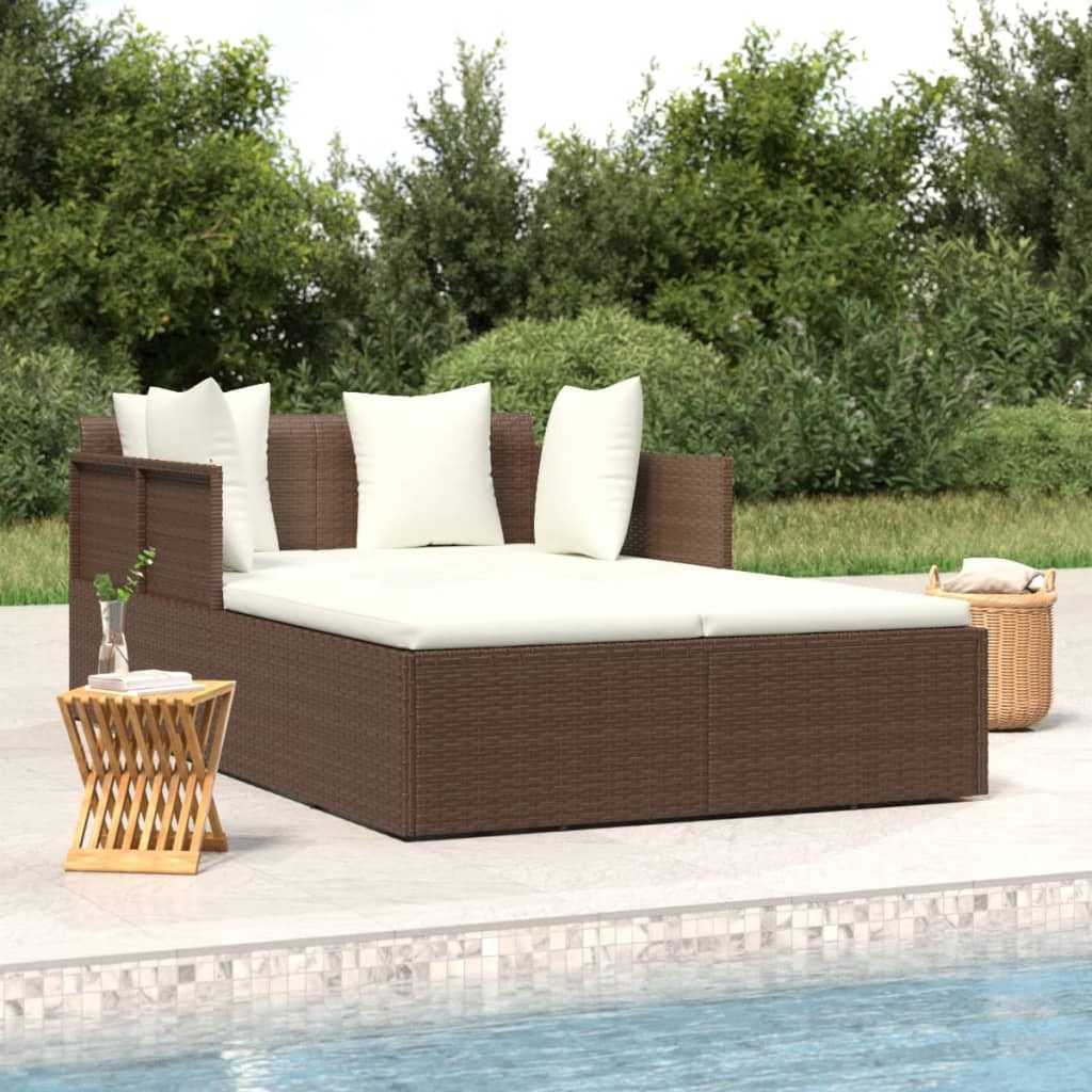 Sunbed Brown and Cream White PE Rattan Double Adjustable Armrests