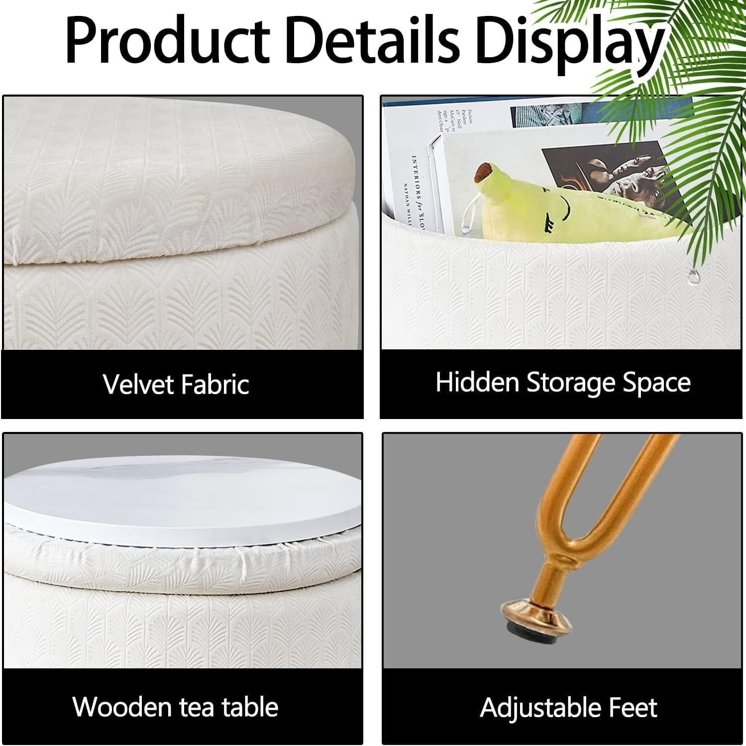 Velvet Storage Ottoman Round Footrest Stool Multifunctional Upholstered Ottoman
