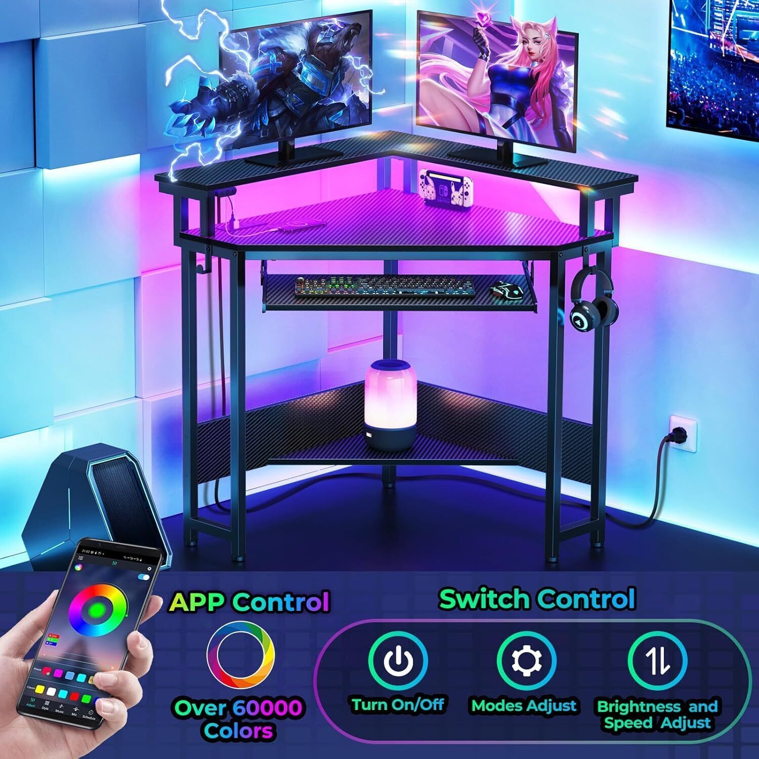 Corner Desk Small Carbon Fiber Computer Desk with Power Outlets LED Lights Black
