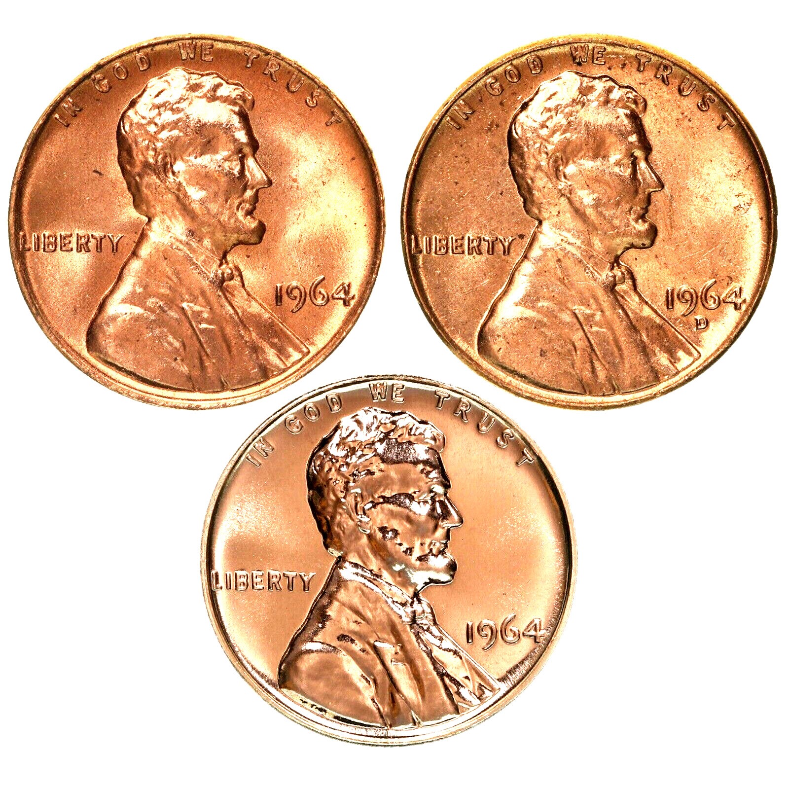 1964 P & D UNCIRCULATED PLUS 1964 PROOF LINCOLN CENTS (3 COINS)