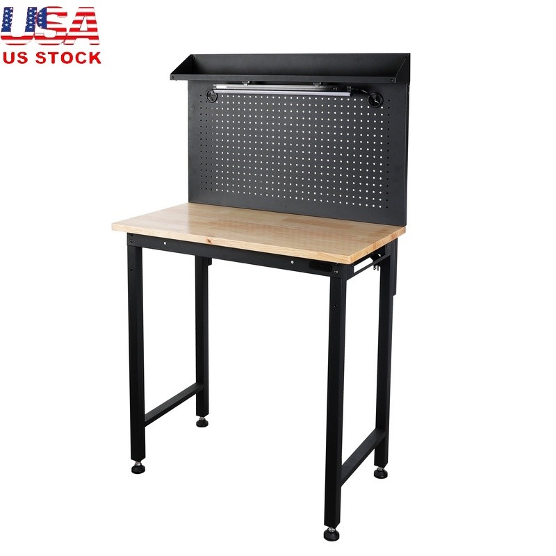 36 Inch Heavy Duty Workbench W/ Pegboard LED Light Garage Workshop Storage New