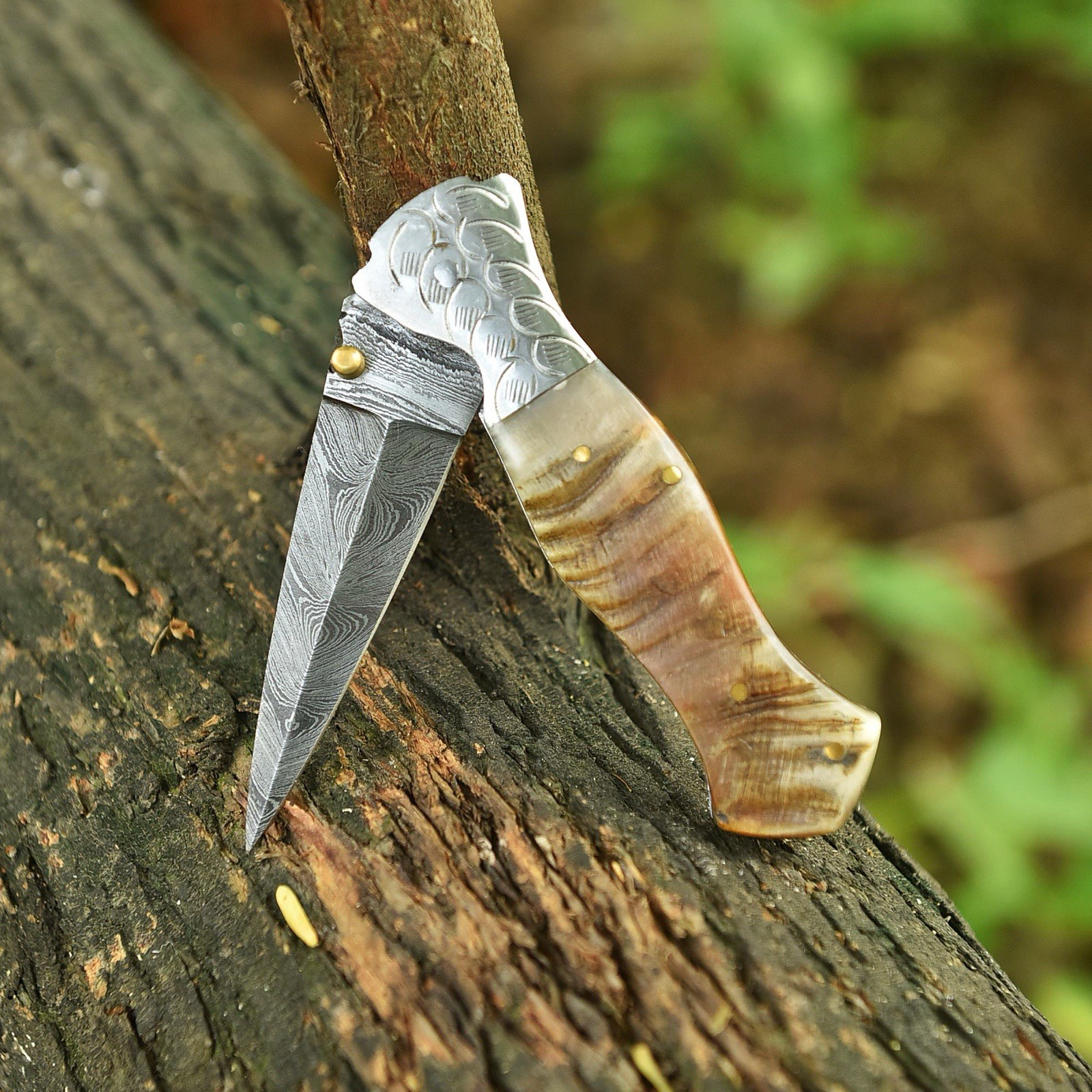 Damascus Folding Dagger Blade Pocket Knife Tactical-Double Edge