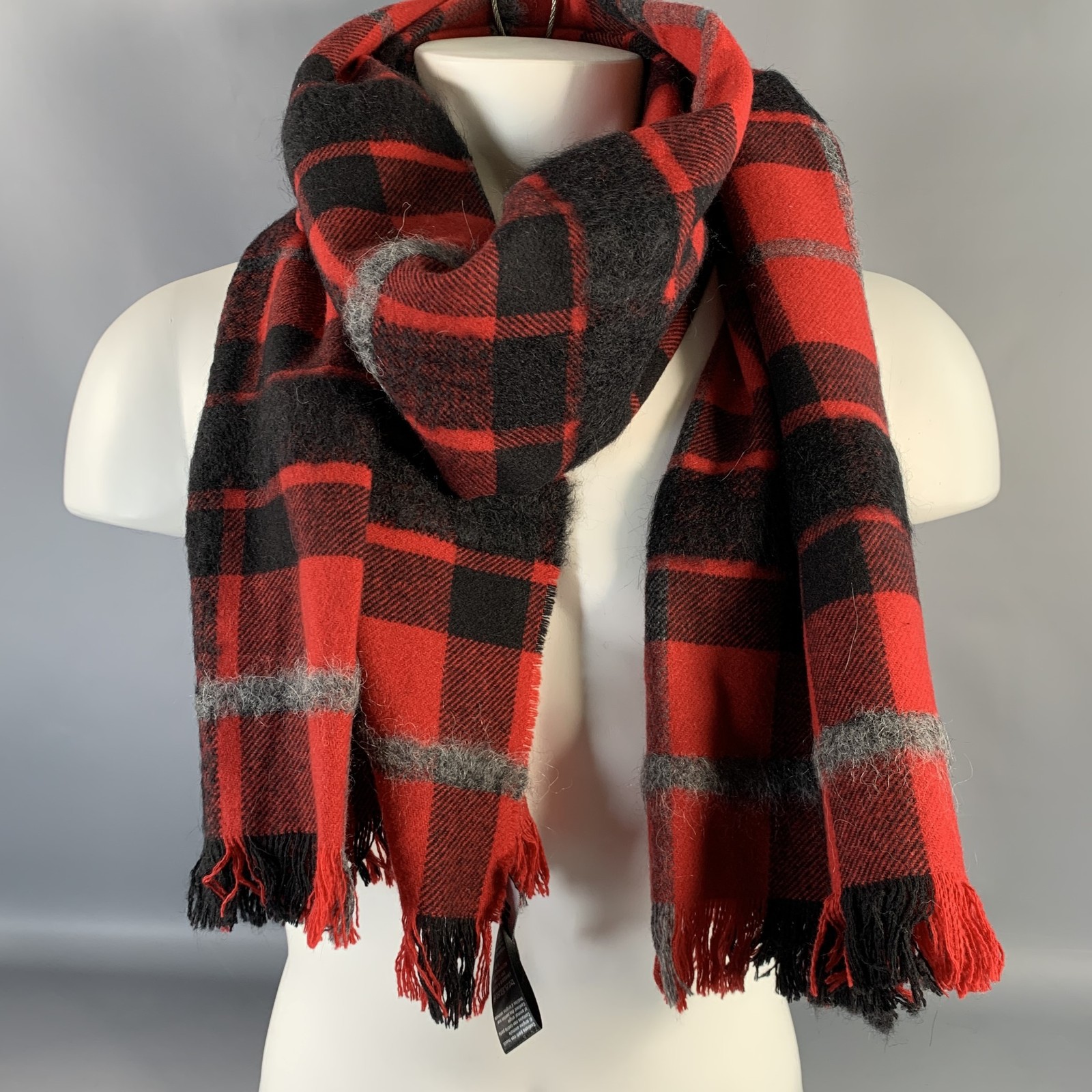 DSQUARED2 Red Black Plaid Wool Blend Scarf