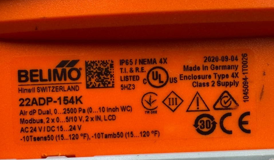 Belimo 22ADP-154K Differential Pressure Sensor Air Dual