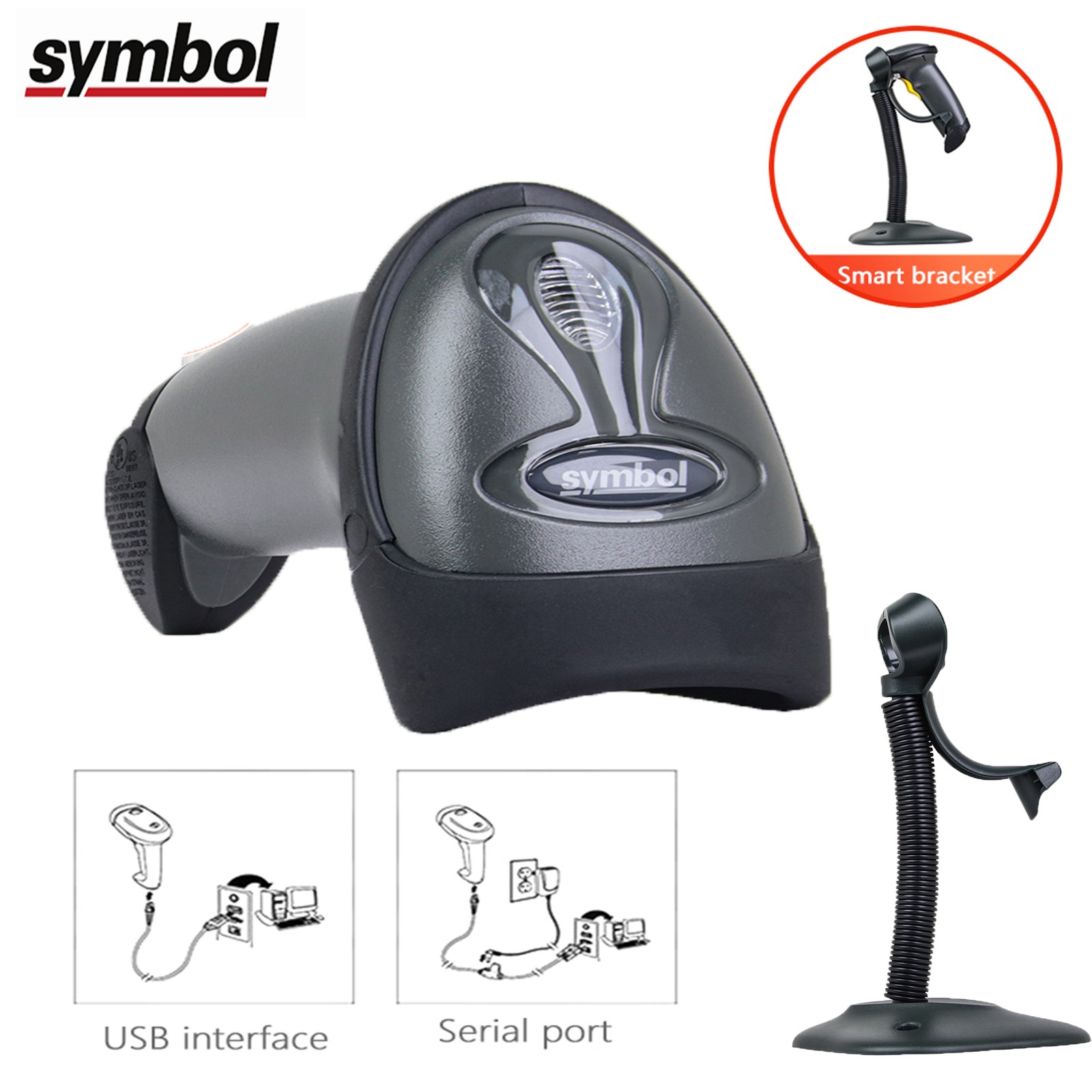 Zebra Symbol LS2208-SR20007R-NA 1D Barcode Scanner Reader w/ Stand+USB Cable