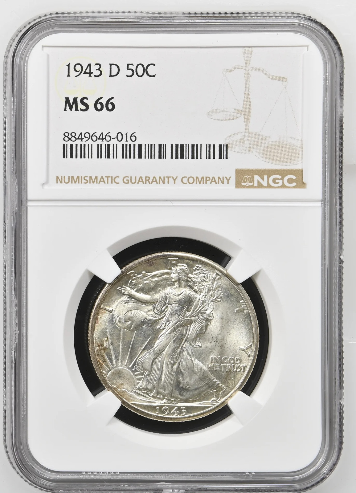 1943 D Walking Liberty Half Dollar NGC MS-66 PQ TONED