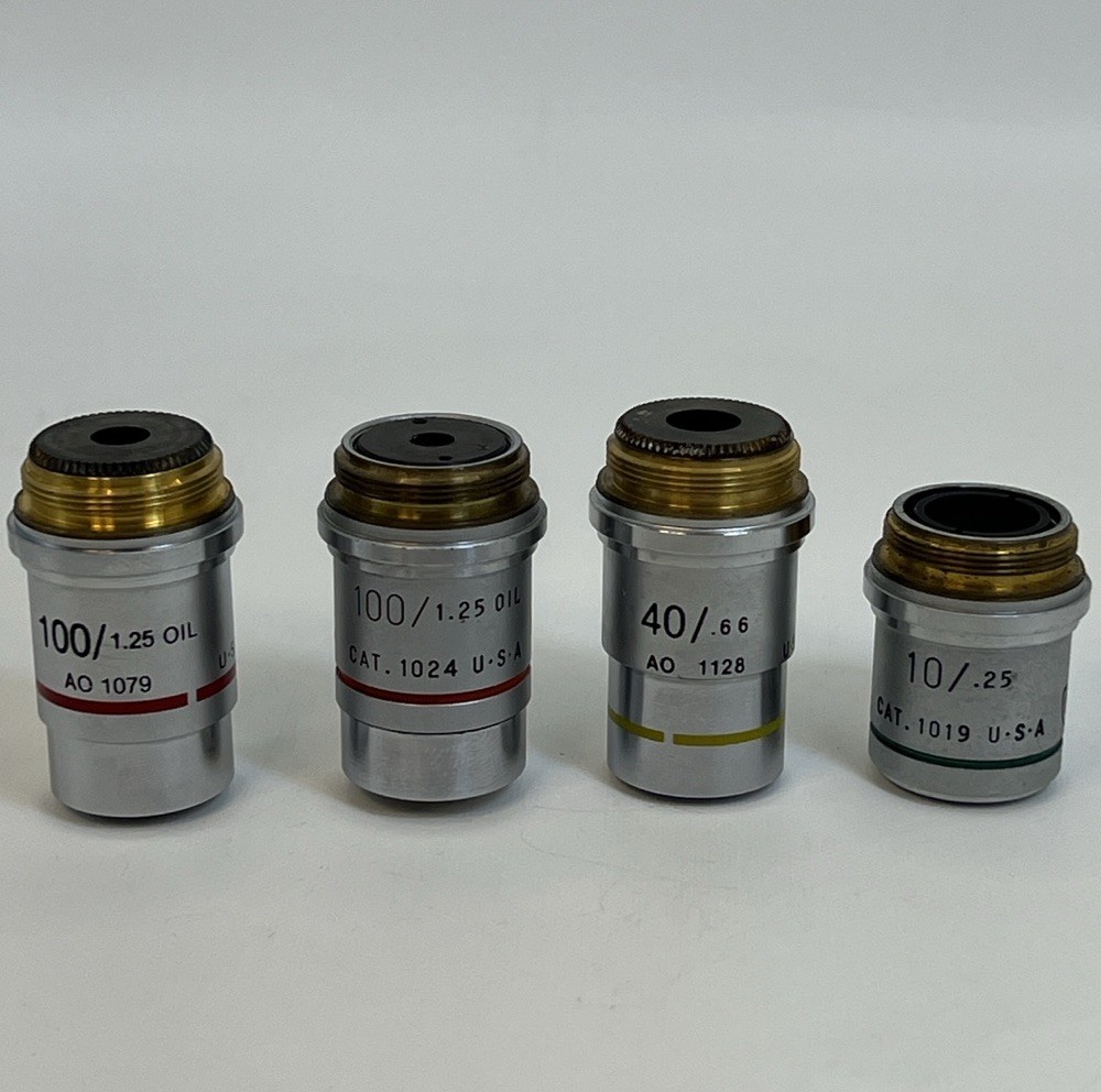 Lot of 4 AO American Optical Microscope Objectives 100X Oil 40X 10X USA