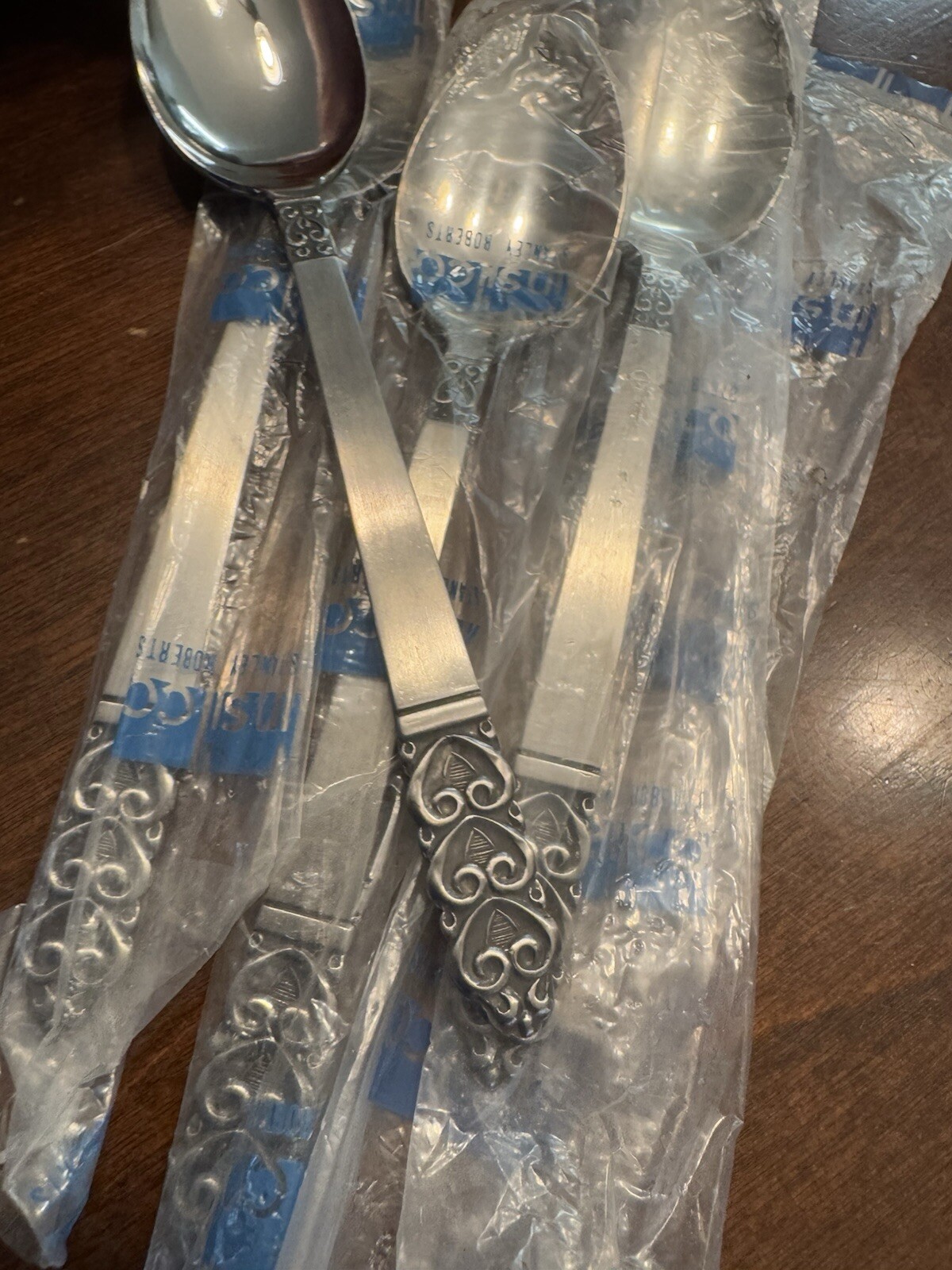 4 ~ NEW Stanley Roberts Rogers Stainless Black Scrolls Accent TEASPOONS SPOONS