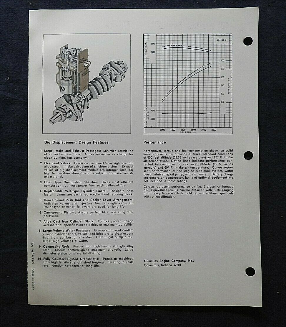 1966 GENUINE CUMMINS "NHE-195 DIESEL ENGINE" SPECIFICATION BROCHURE