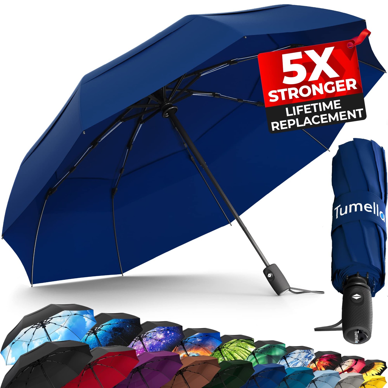 TUMELLA Strongest Windproof Travel Umbrella 42 inch, 1-pack Navy Blue