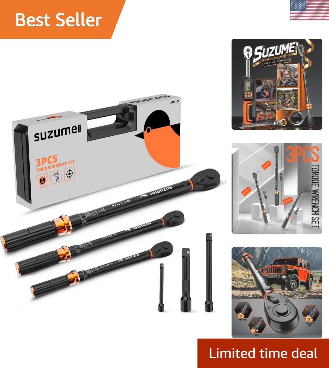 Torque Wrench Set 3PCS Adjustable Dual-Scale 1/4 3/8 1/2 Inch for Bicycle Mot...