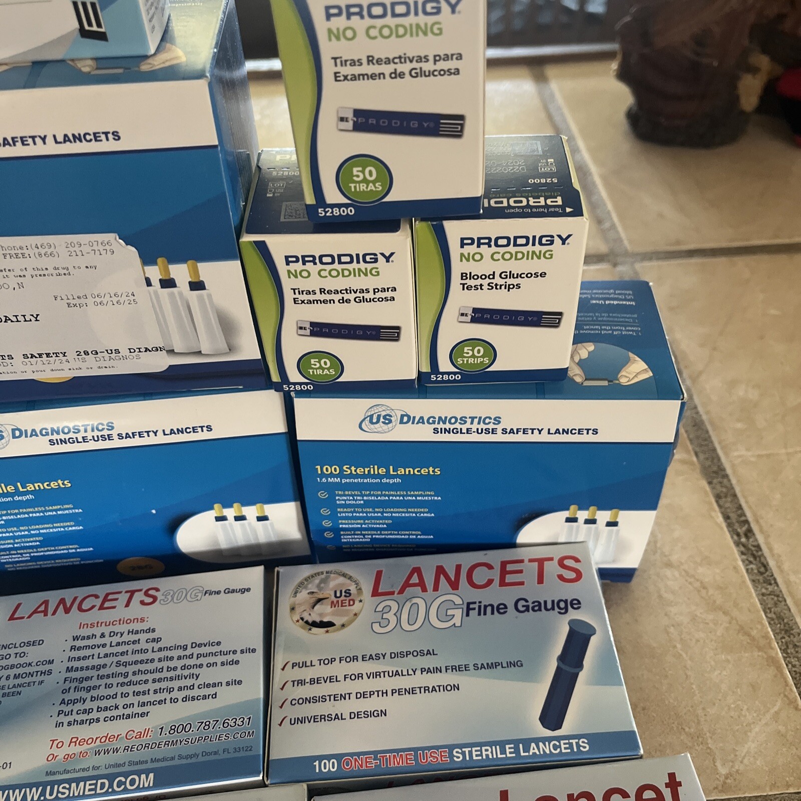 5 boxes of 100lancets 9 boxes 30g one touch and 3 boxes prodigylook description